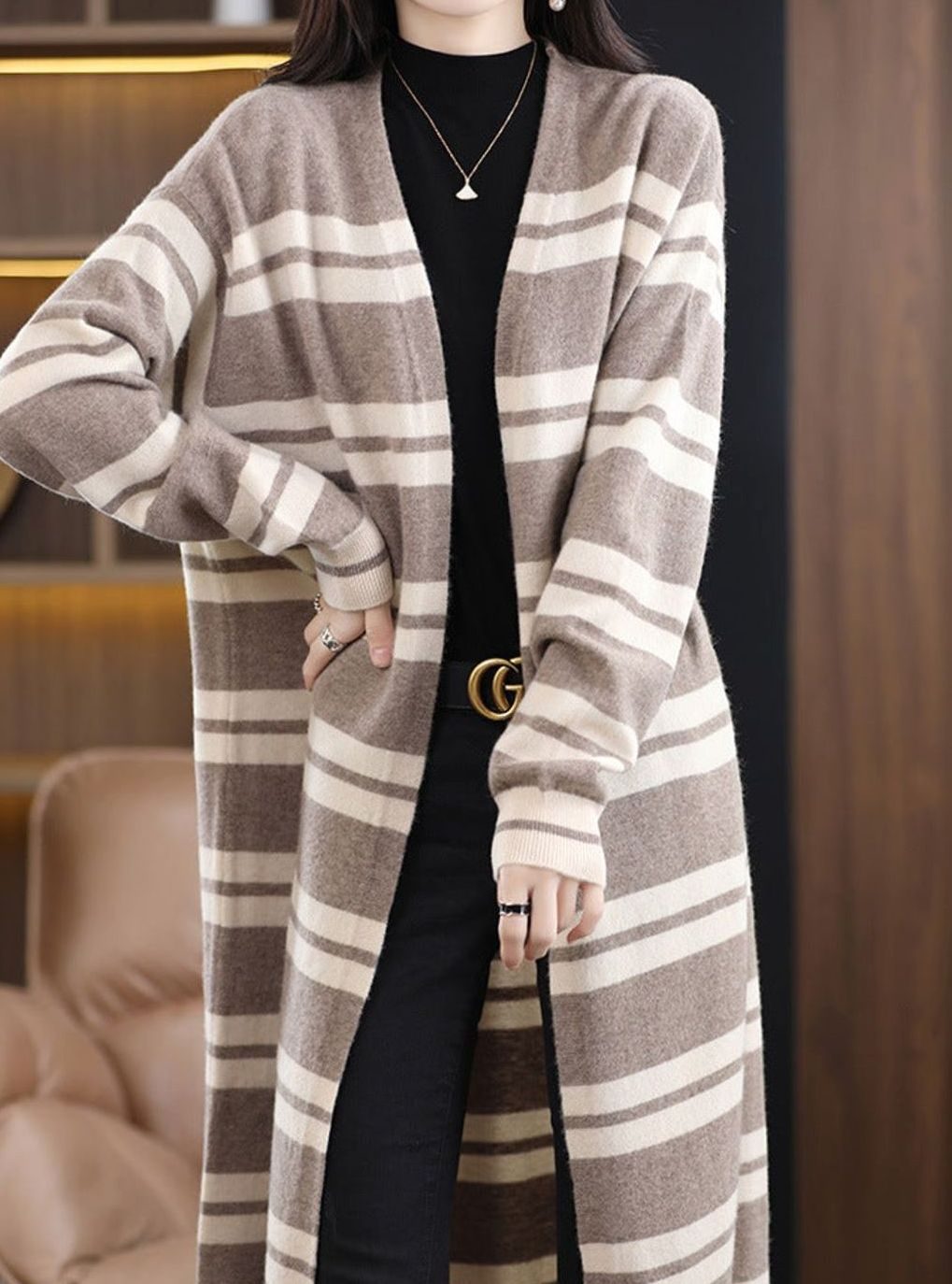 Mia | Women's Oversized Long Open-Front Striped Knit Cardigan