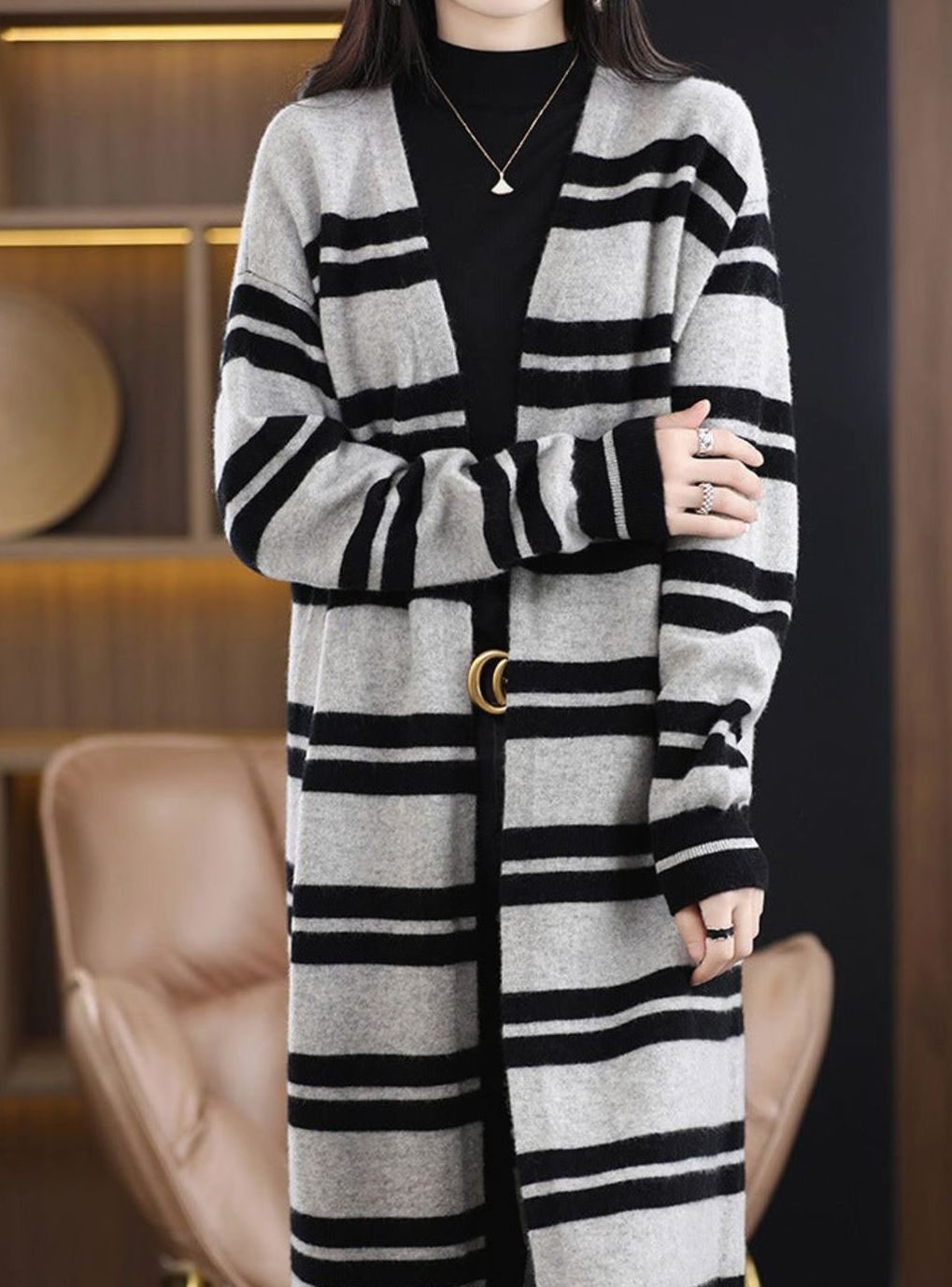 Mia | Women's Oversized Long Open-Front Striped Knit Cardigan