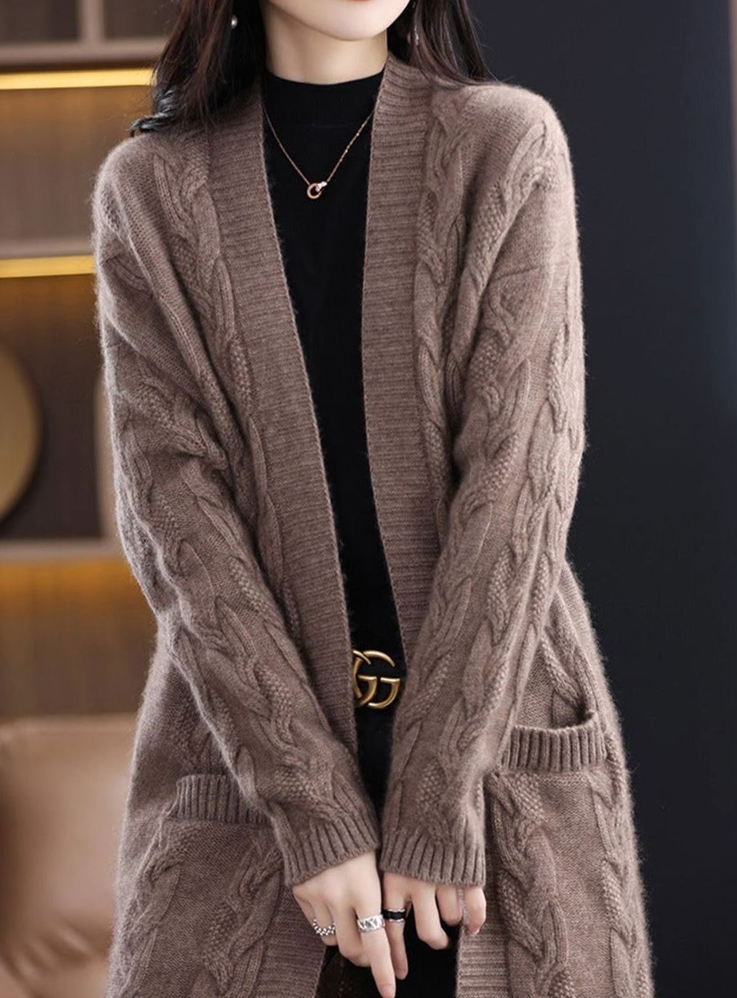 Mia | Women's Oversized Long Open-Front Striped Knit Cardigan