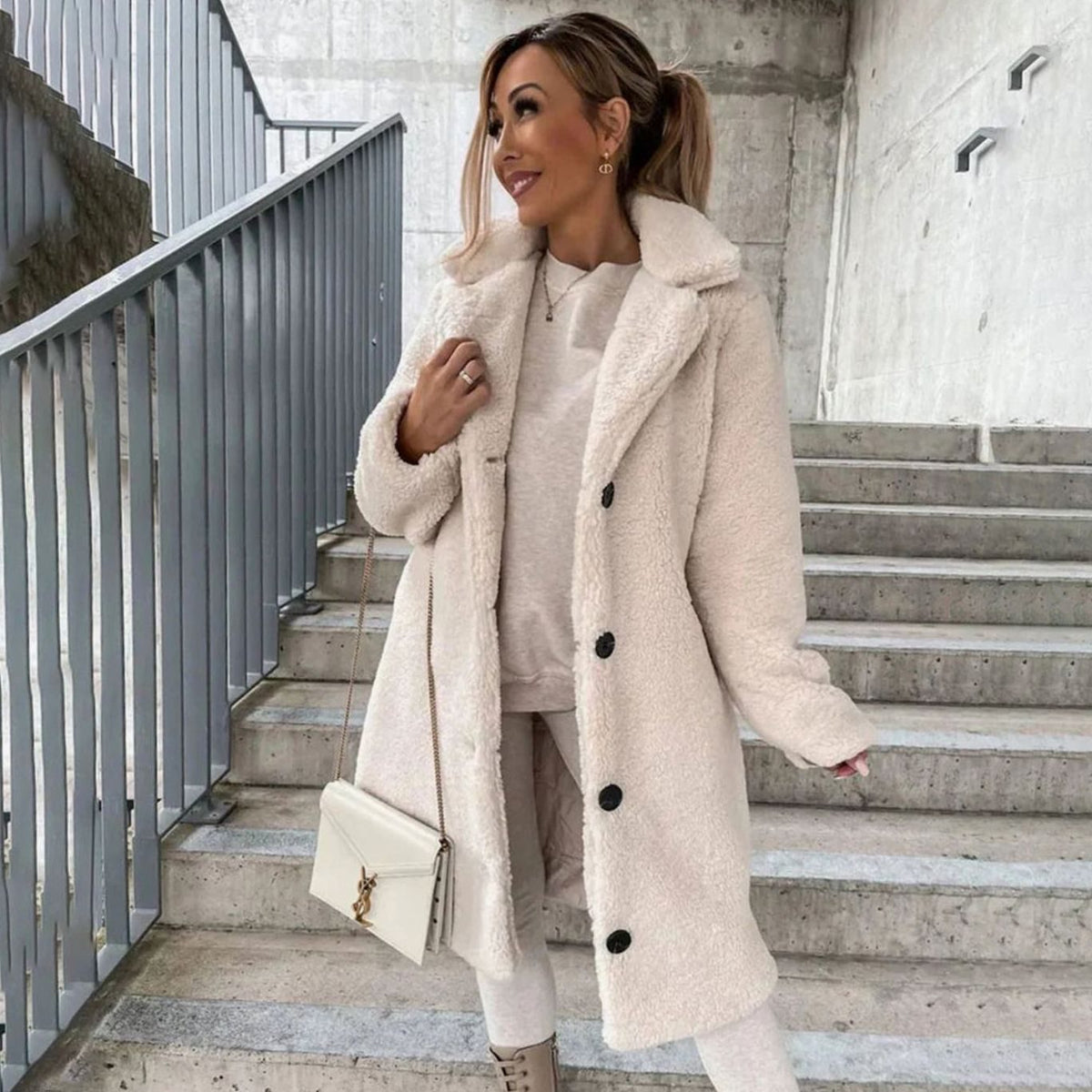 Amelia | Women's Oversized Long Teddy Coat Lapel Button-Front Winter Coat