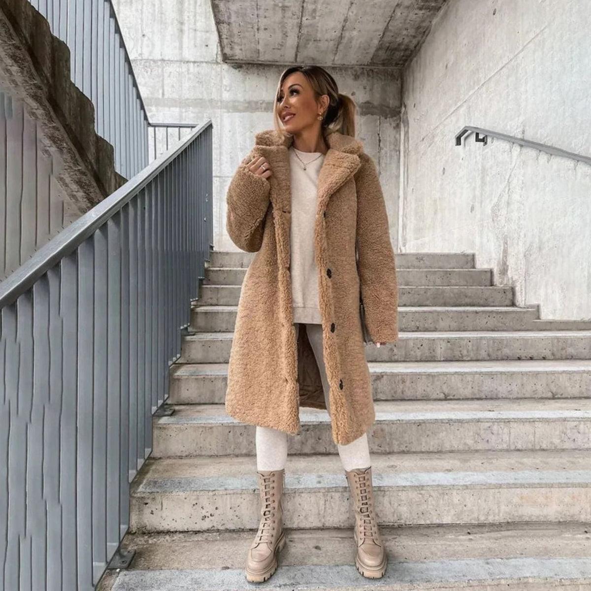 Amelia | Women's Oversized Long Teddy Coat Lapel Button-Front Winter Coat