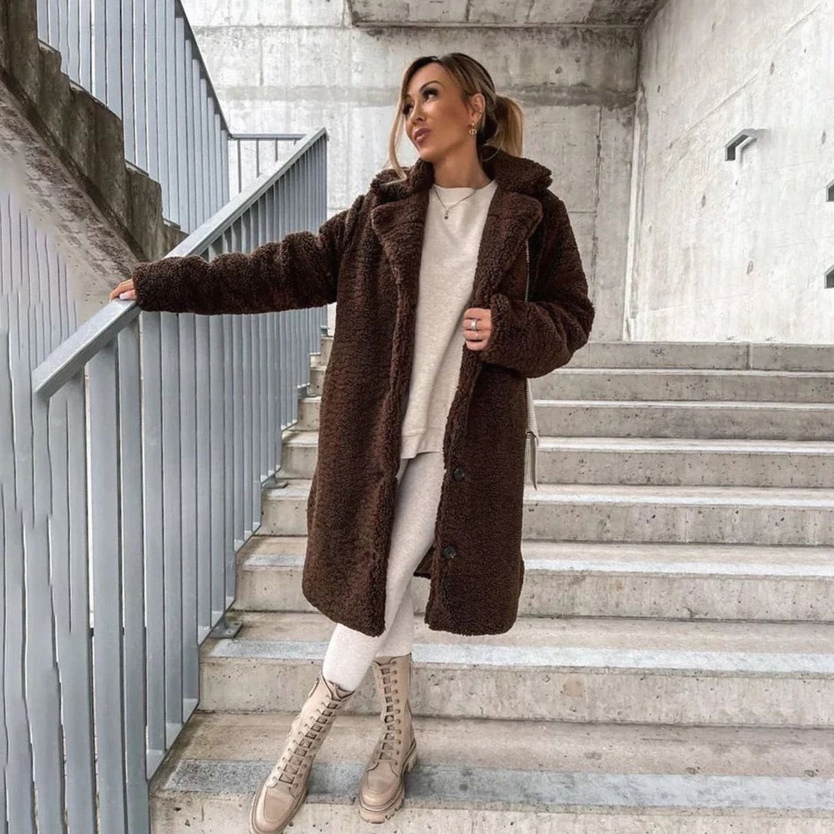 Amelia | Women's Oversized Long Teddy Coat Lapel Button-Front Winter Coat