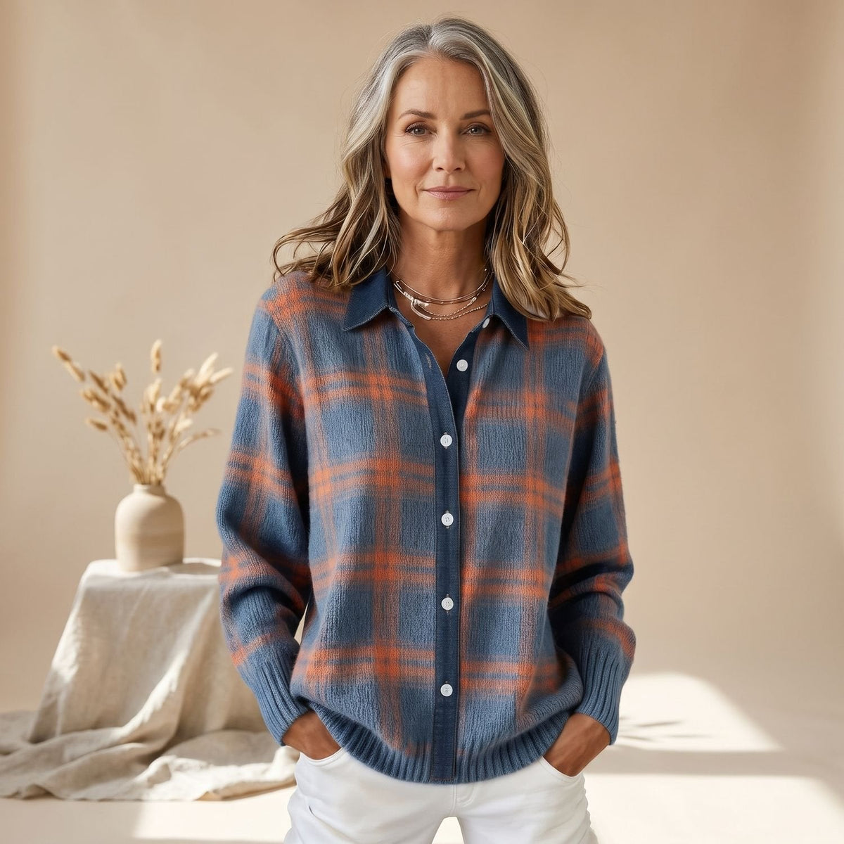 Madison | Women's Oversized Plaid Button-Front Knit Cardigan Shacket