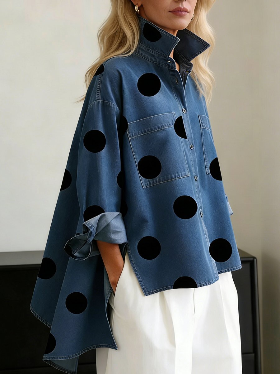 Luna | Women's Oversized Polka Dot Denim Button-Down Shirt