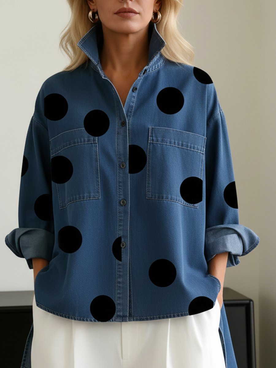 Luna | Women's Oversized Polka Dot Denim Button-Down Shirt