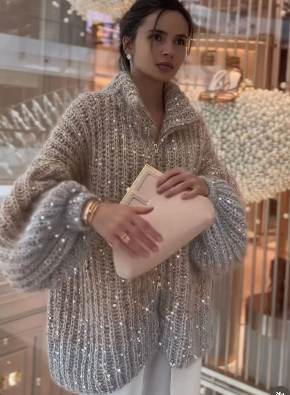 Isabella | Women's Oversized Sequin Knit Cardigan Sweater Stand-Up Collar