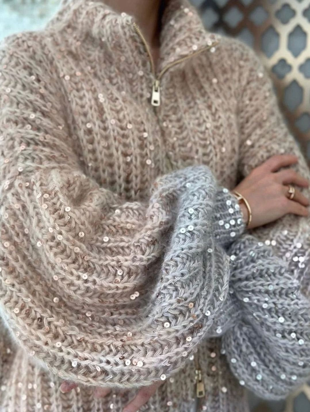 Isabella | Women's Oversized Sequin Knit Cardigan Sweater Stand-Up Collar