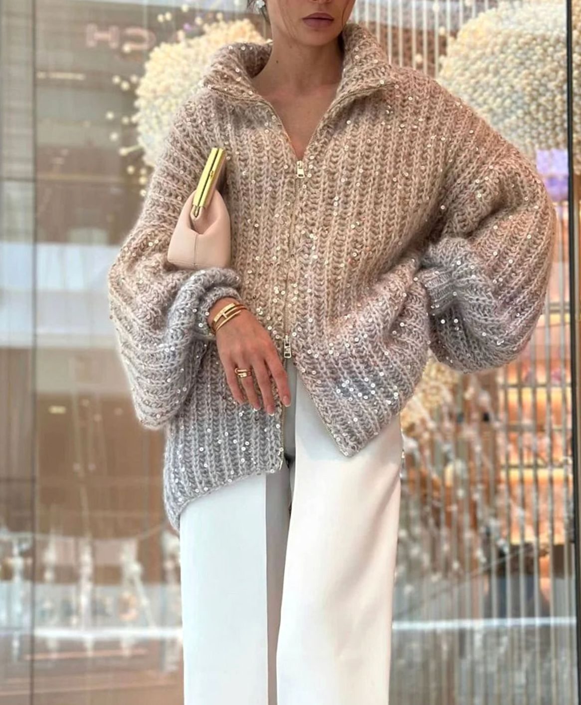 Isabella | Women's Oversized Sequin Knit Cardigan Sweater Stand-Up Collar
