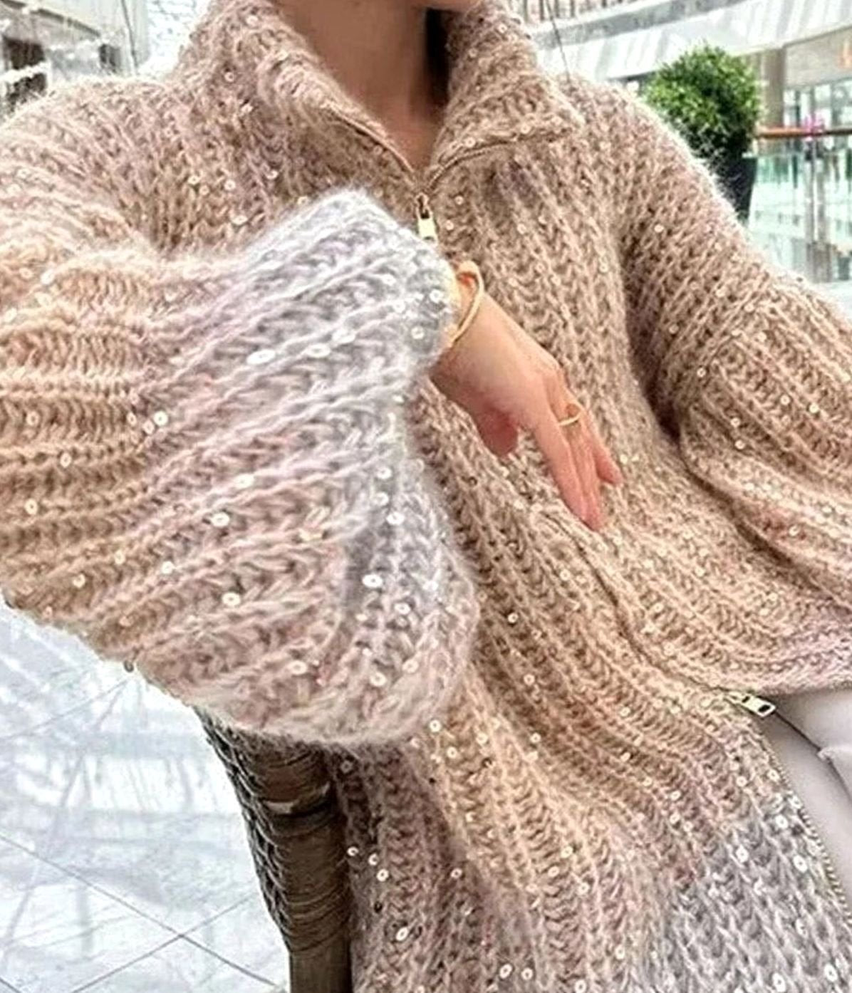 Isabella | Women's Oversized Sequin Knit Cardigan Sweater Stand-Up Collar