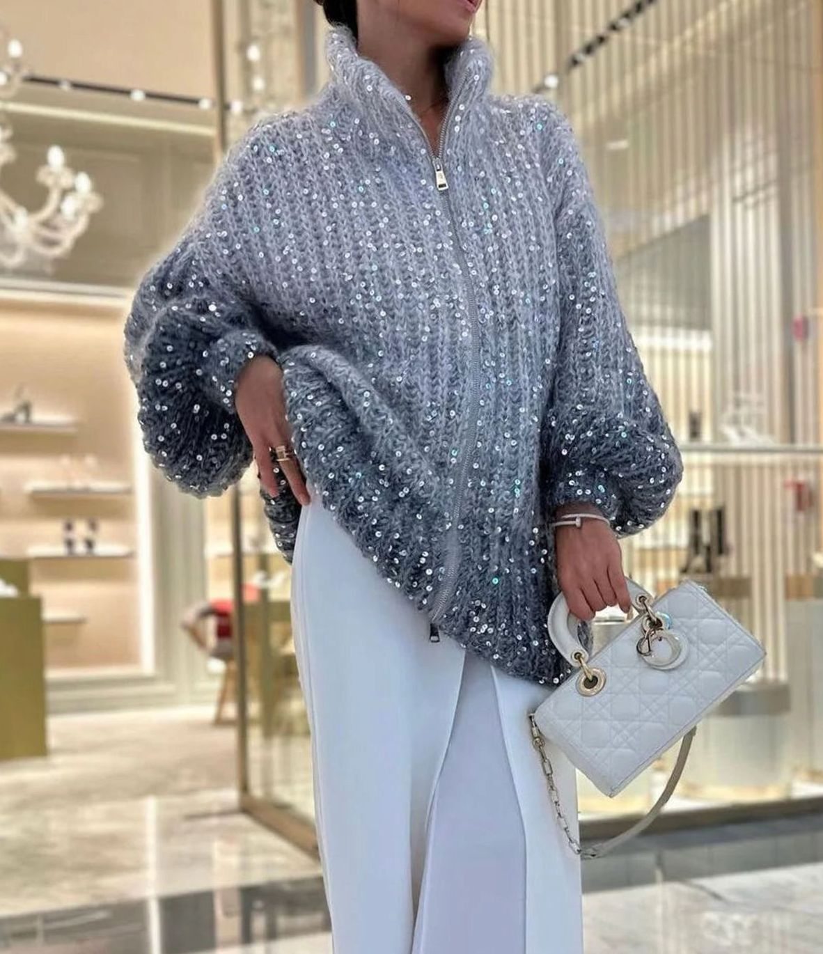 Isabella | Women's Oversized Sequin Knit Cardigan Sweater Stand-Up Collar