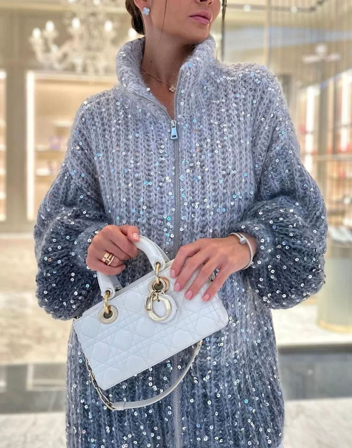 Isabella | Women's Oversized Sequin Knit Cardigan Sweater Stand-Up Collar