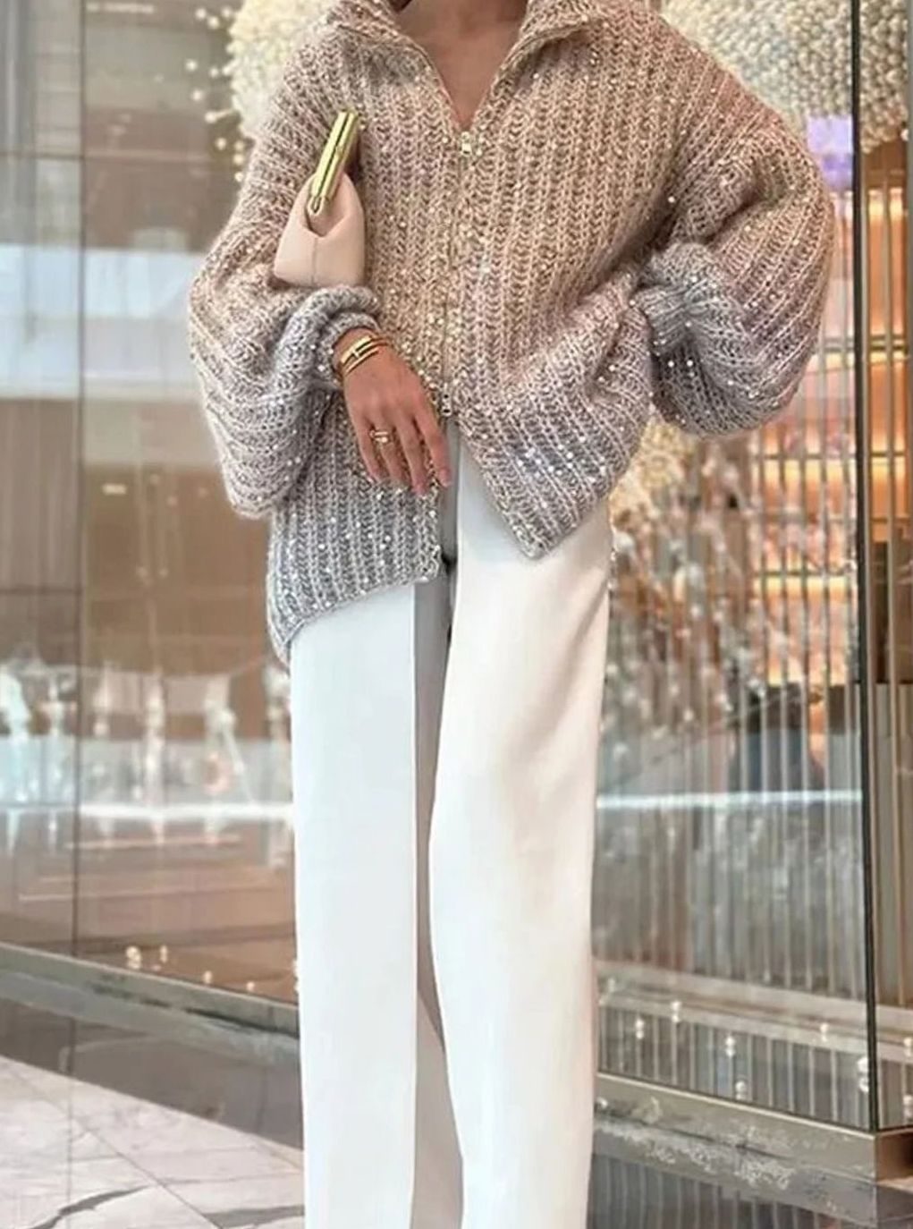 Isabella | Women's Oversized Sequin Knit Cardigan Sweater Stand-Up Collar