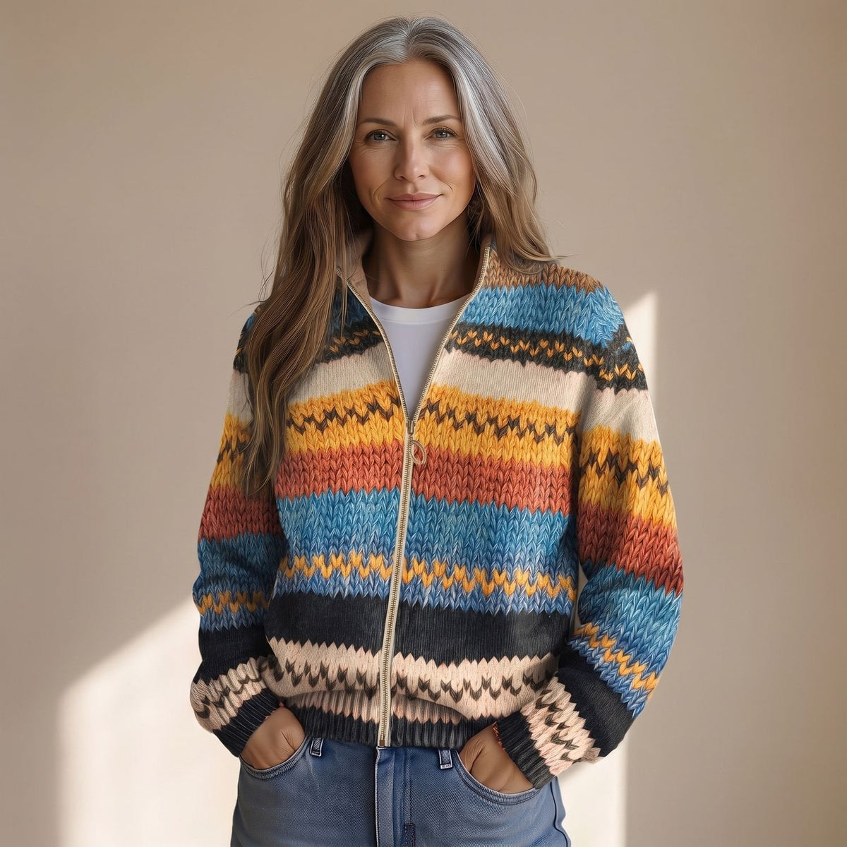 Luna | Women's Oversized Striped Knit Full-Zip Cardigan Sweater
