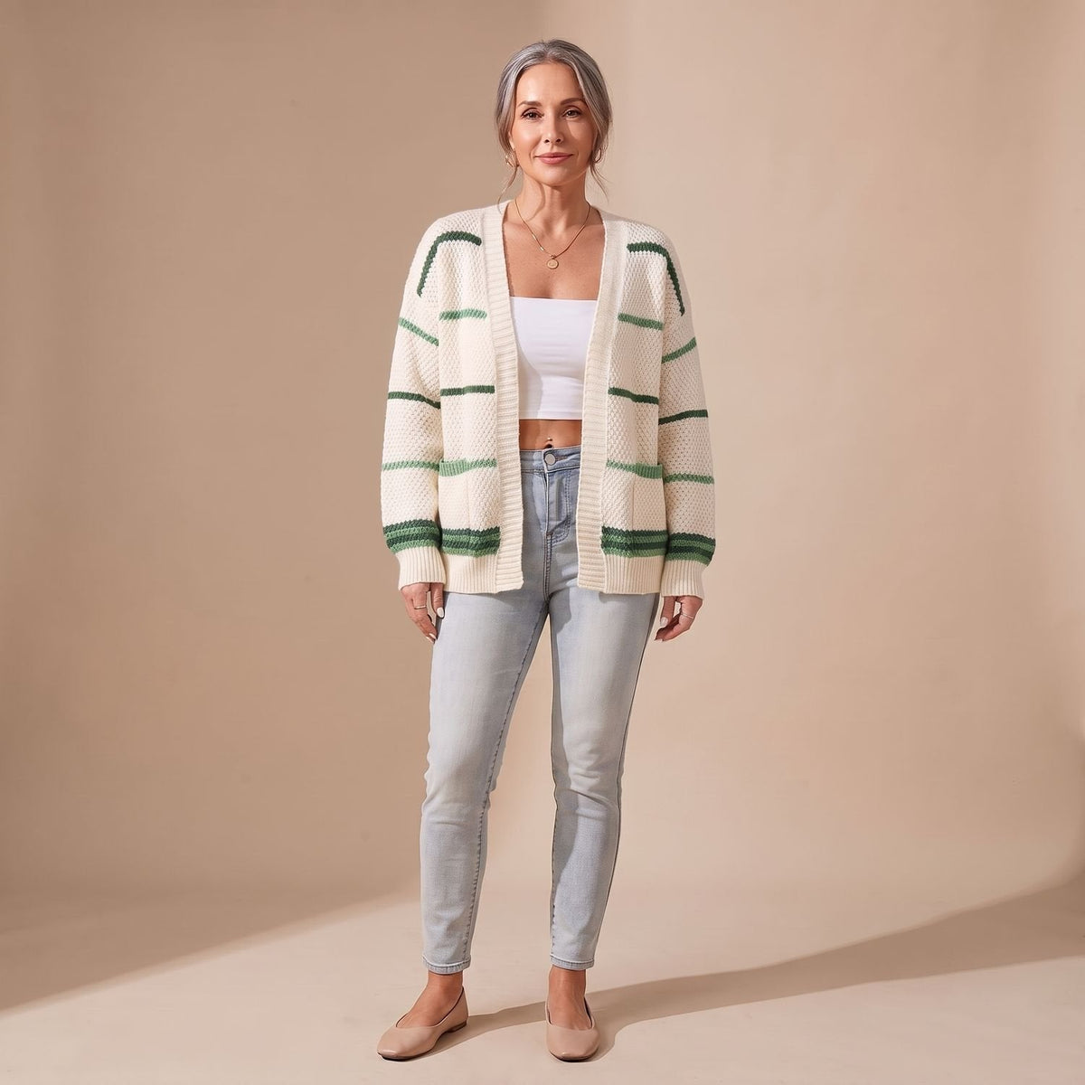 Madison | Women's Oversized Striped Open-Front Knit Cardigan Sweater