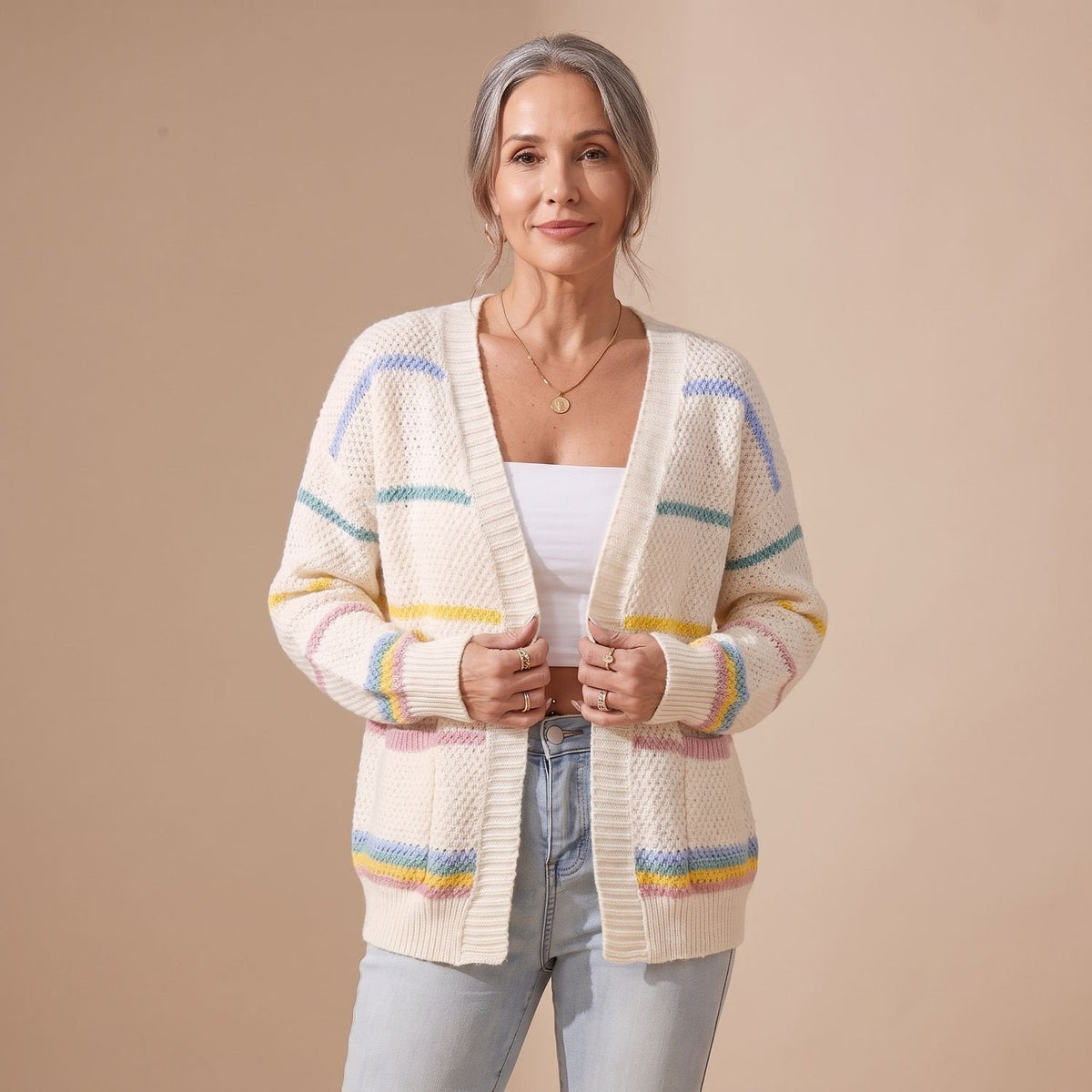 Madison | Women's Oversized Striped Open-Front Knit Cardigan Sweater