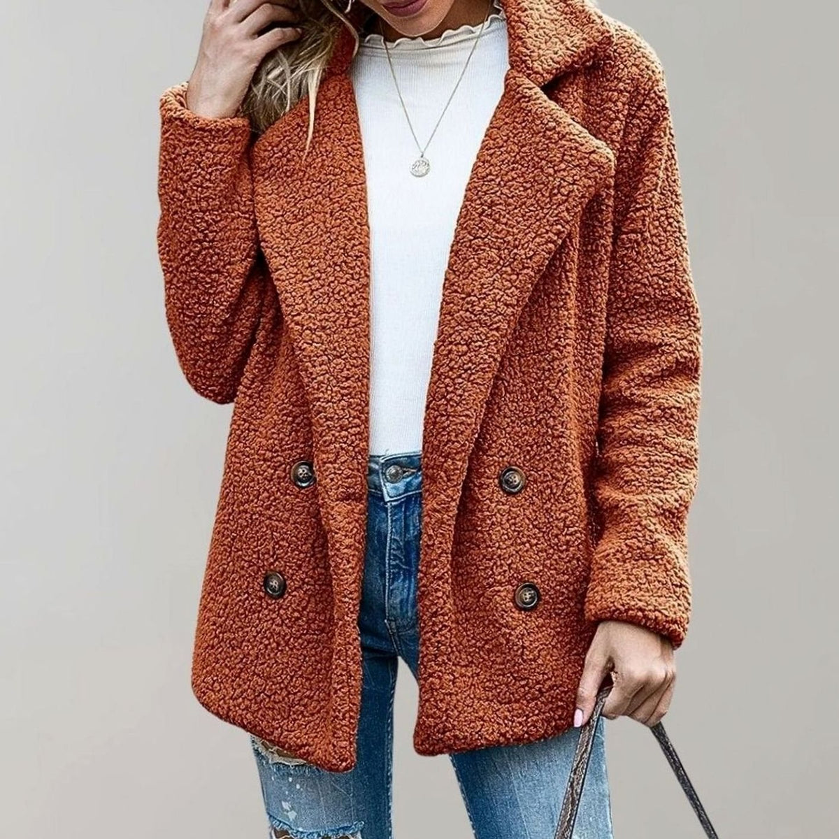 Amelia | Women's Oversized Teddy Bear Coat Double-Breasted Notched Lapel Jacket