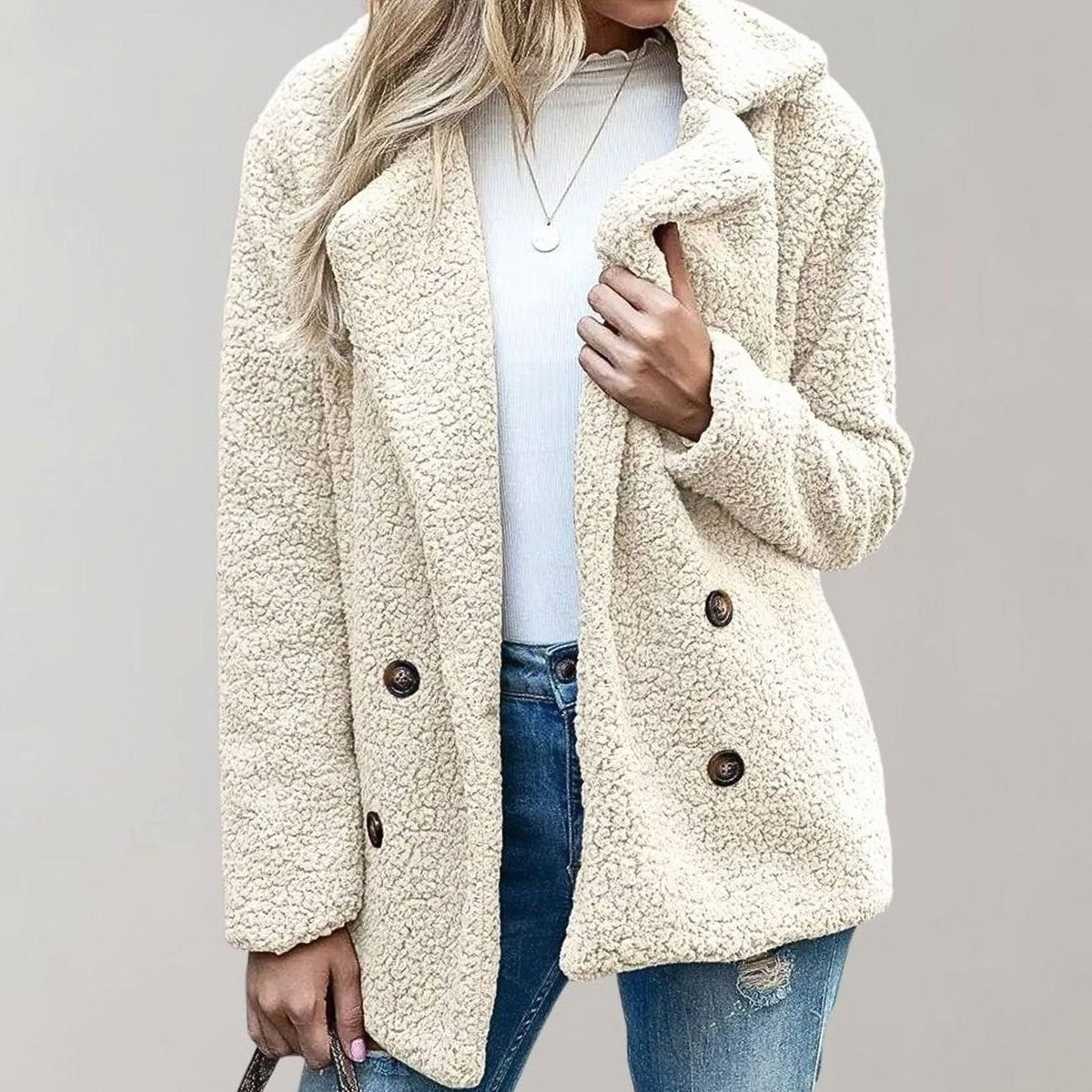 Amelia | Women's Oversized Teddy Bear Coat Double-Breasted Notched Lapel Jacket
