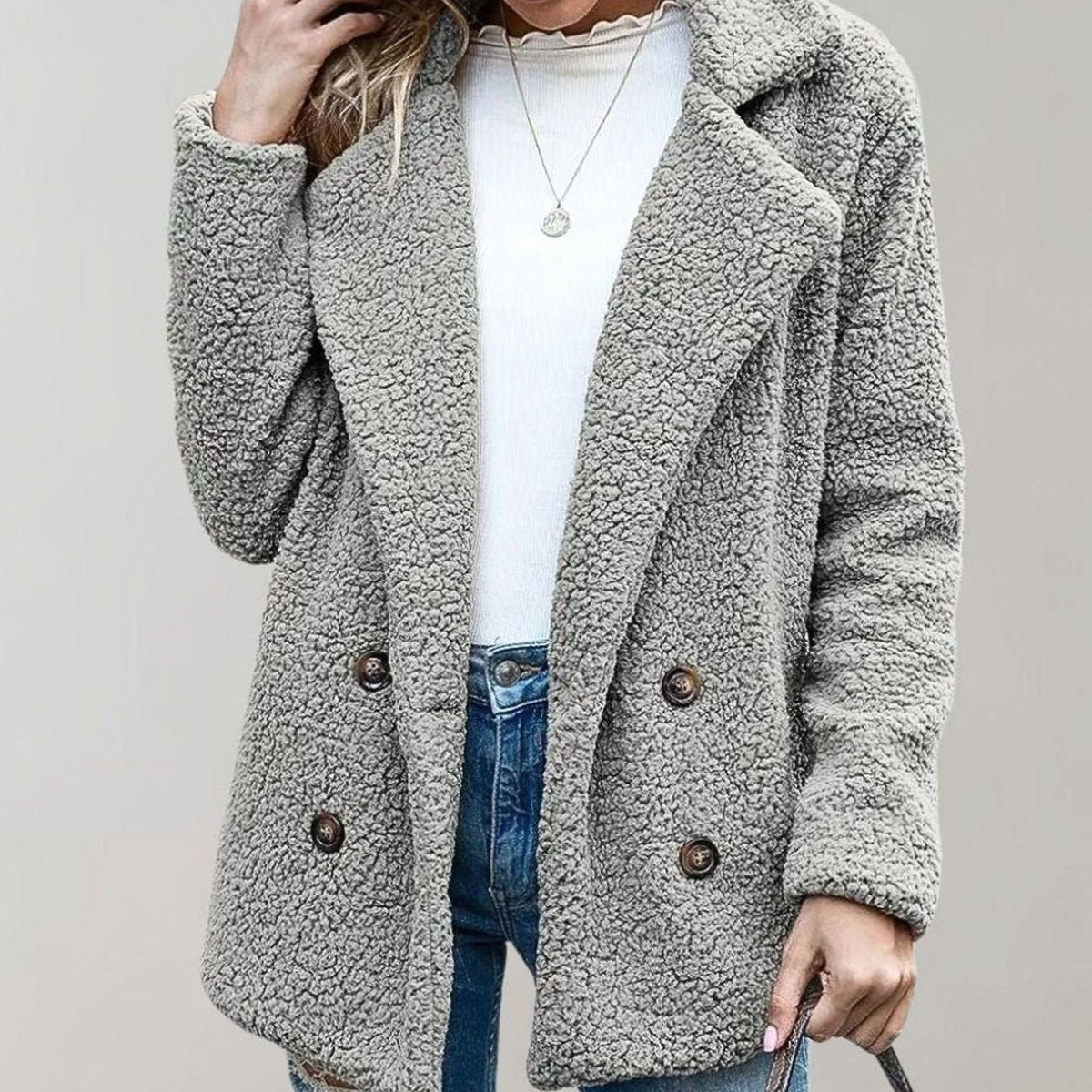 Amelia | Women's Oversized Teddy Bear Coat Double-Breasted Notched Lapel Jacket
