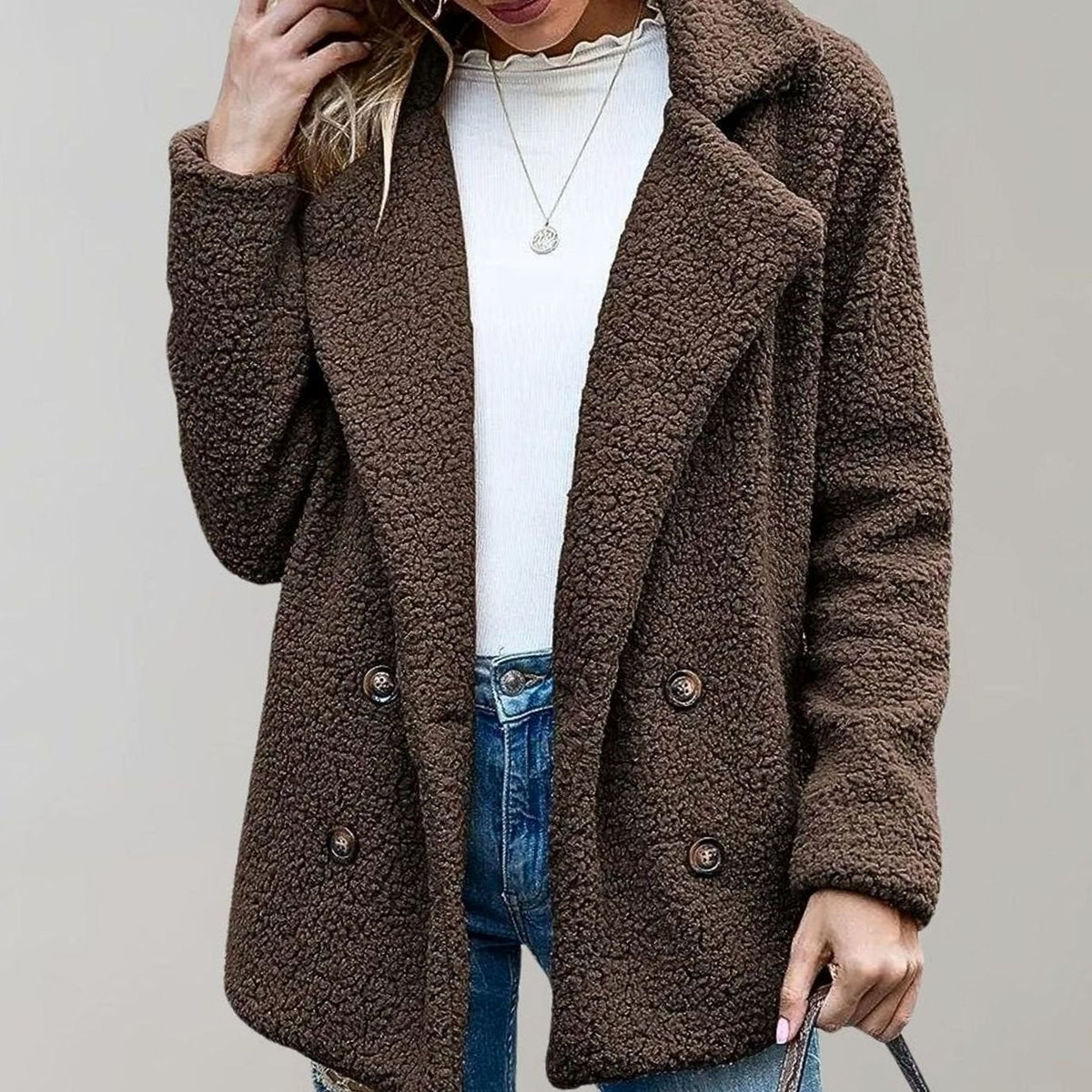 Amelia | Women's Oversized Teddy Bear Coat Double-Breasted Notched Lapel Jacket