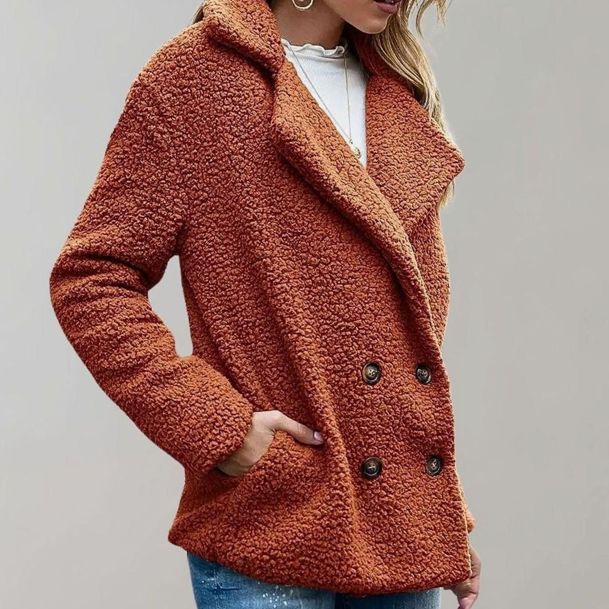 Amelia | Women's Oversized Teddy Bear Coat Double-Breasted Notched Lapel Jacket