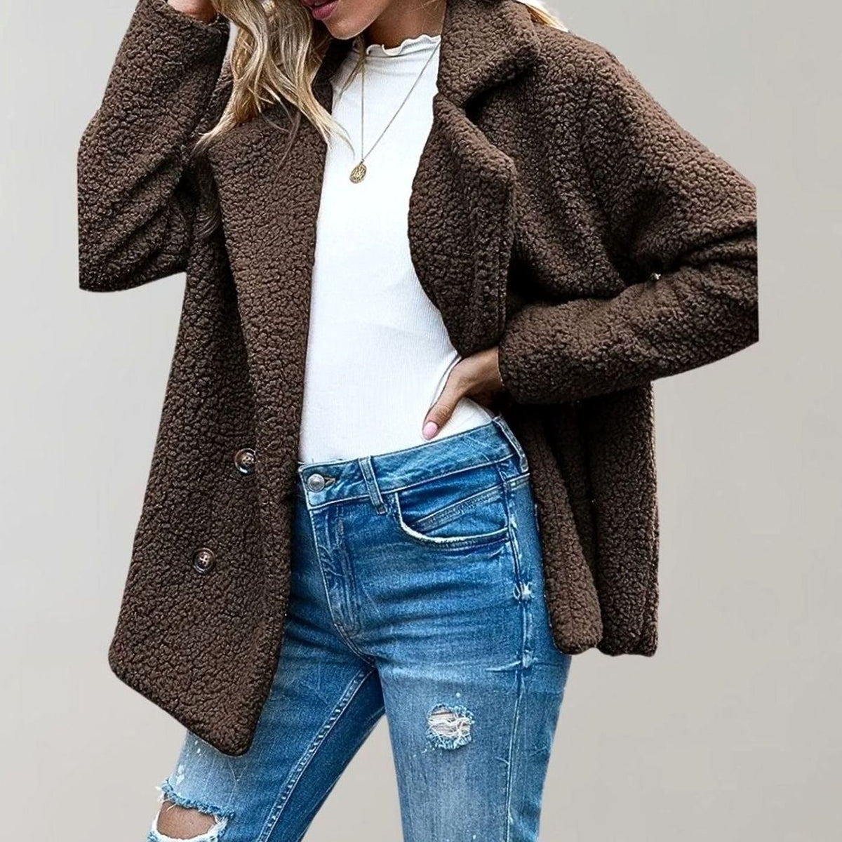 Amelia | Women's Oversized Teddy Bear Coat Double-Breasted Notched Lapel Jacket
