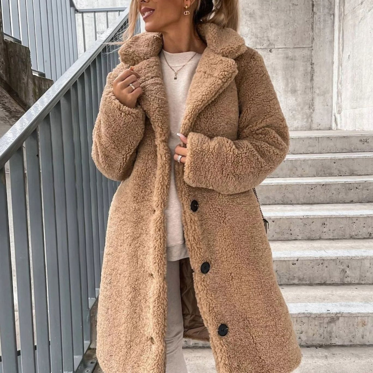 Amelia | Women's Oversized Teddy Long Coat Fluffy Button-Front Winter Coat
