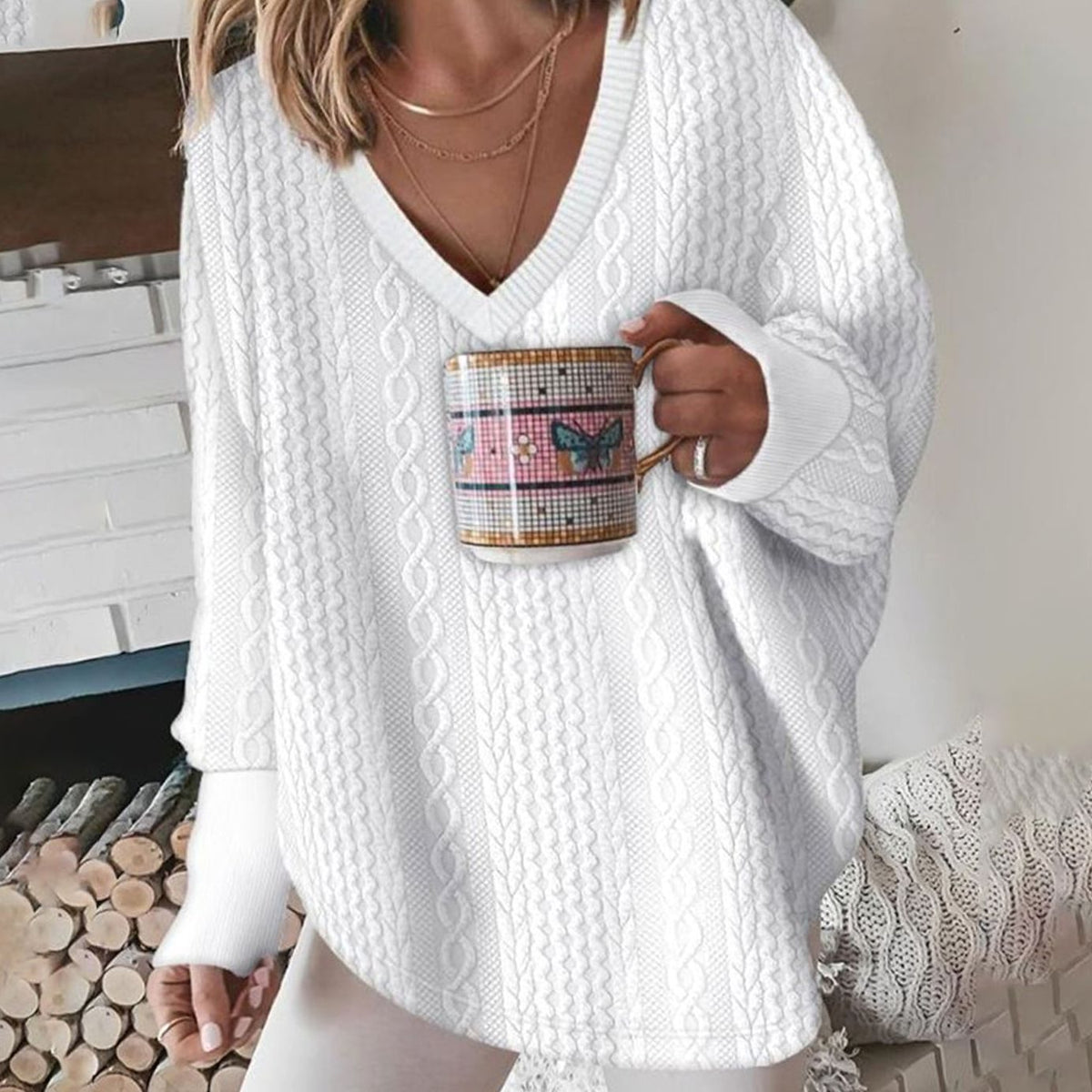 Emma | Women's Oversized V-Neck Cable Knit Sweater Long Sleeve