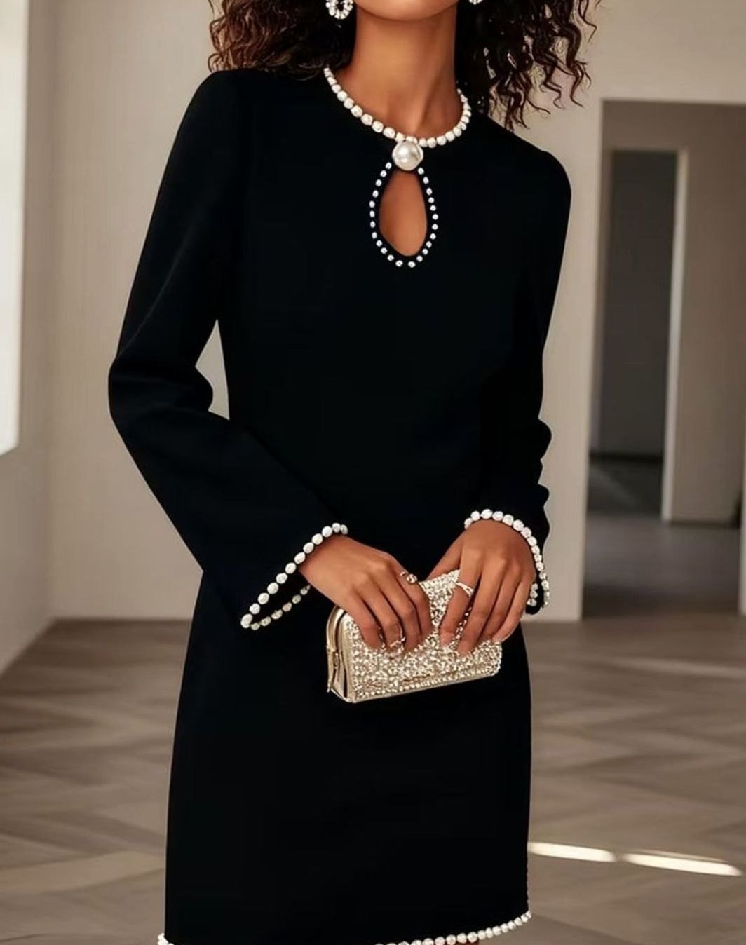 Layla | Women's Pearl-Trim Long Sleeve Keyhole Mini Dress