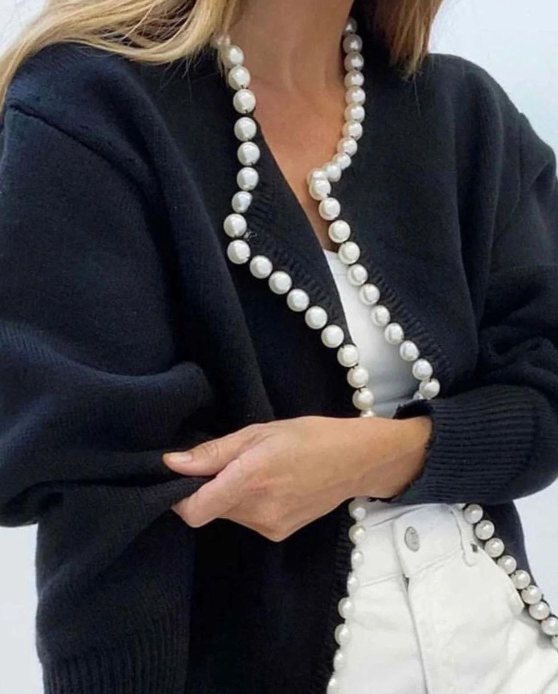 Eleanor | Women's Pearl-Trim Open-Front Knit Cardigan Sweater