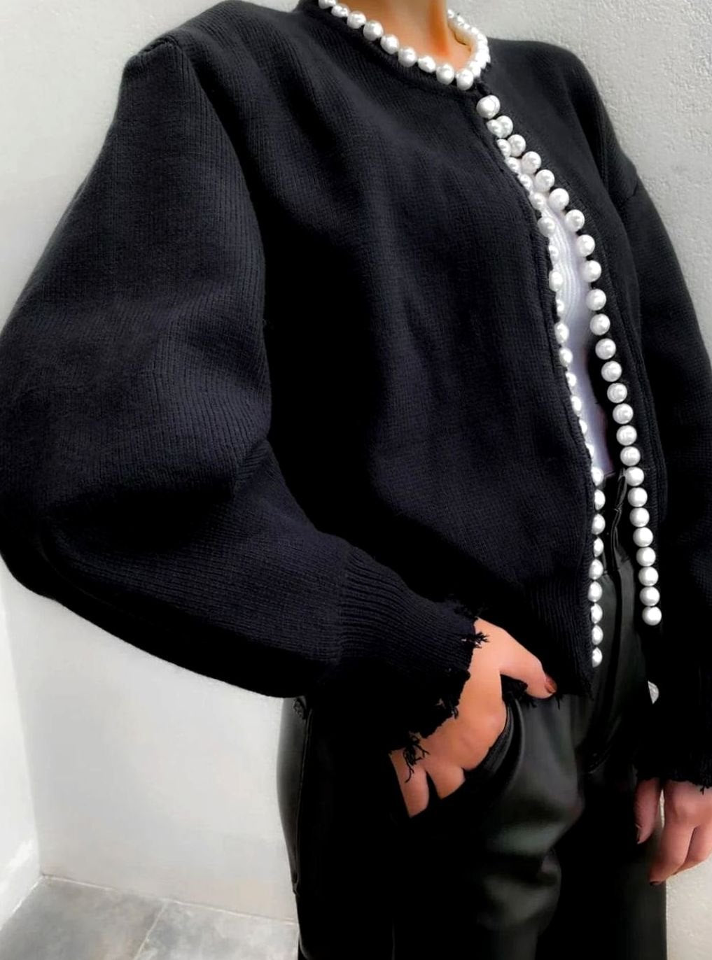 Eleanor | Women's Pearl-Trim Open-Front Knit Cardigan Sweater