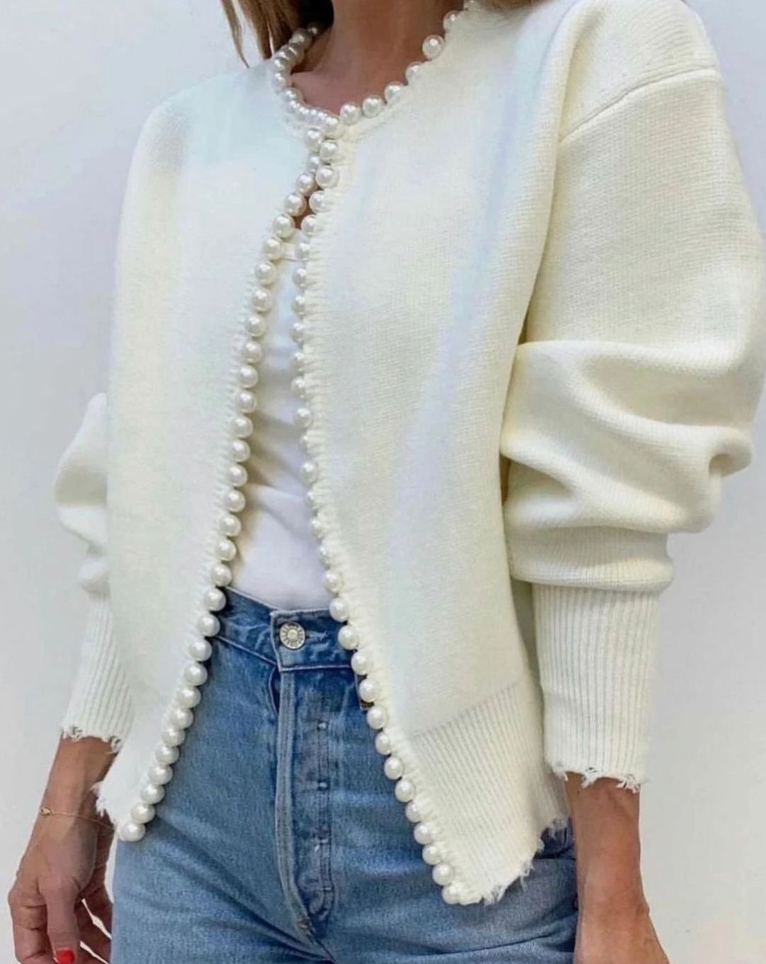 Eleanor | Women's Pearl-Trim Open-Front Knit Cardigan Sweater