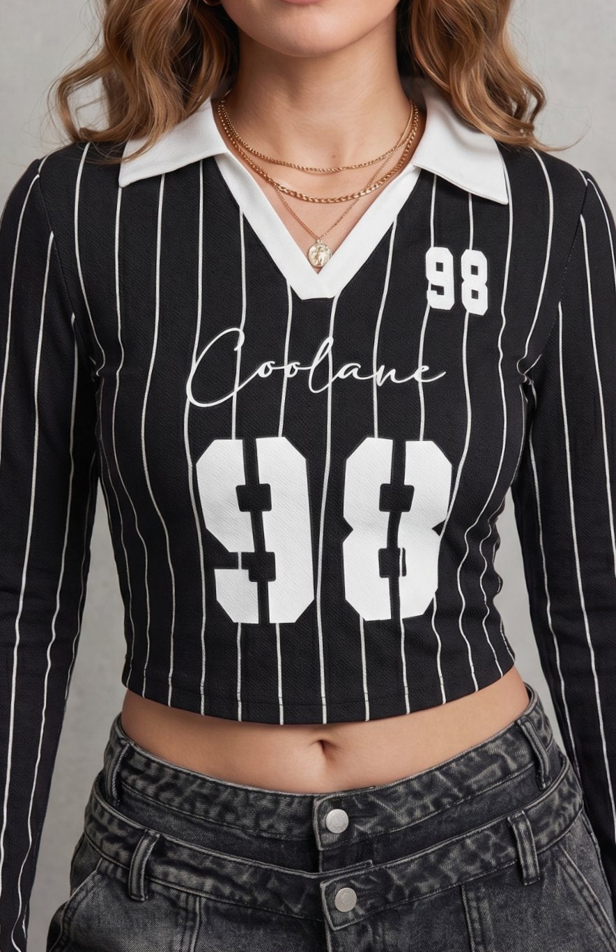 Victoria | Women's Pinstripe Graphic Collared Cropped Long-Sleeve Top