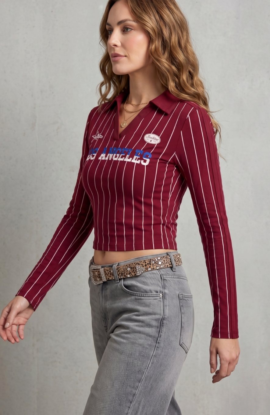 Victoria | Women's Pinstripe Graphic Collared Cropped Long-Sleeve Top