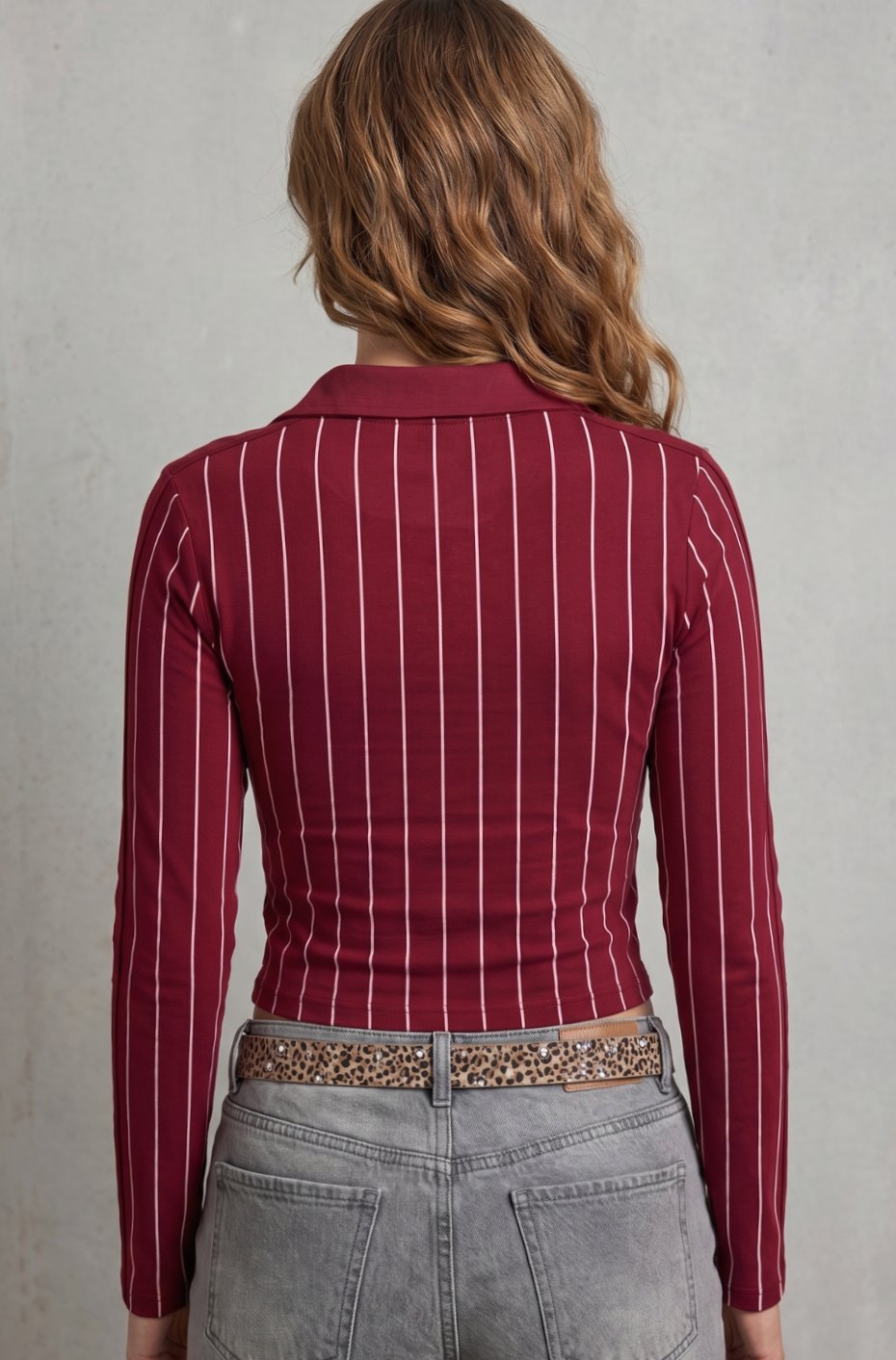 Victoria | Women's Pinstripe Graphic Collared Cropped Long-Sleeve Top