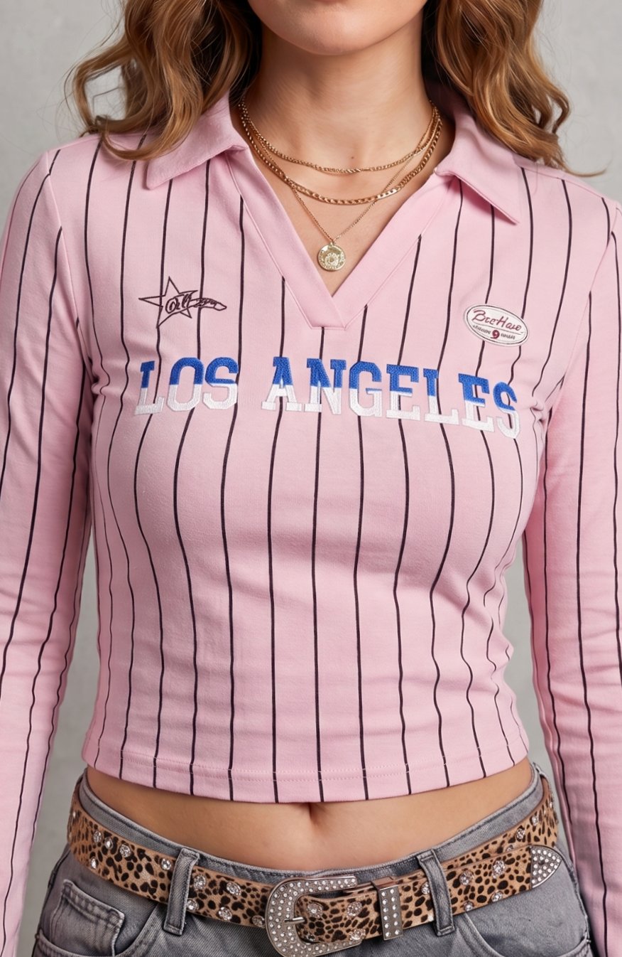 Victoria | Women's Pinstripe Graphic Collared Cropped Long-Sleeve Top