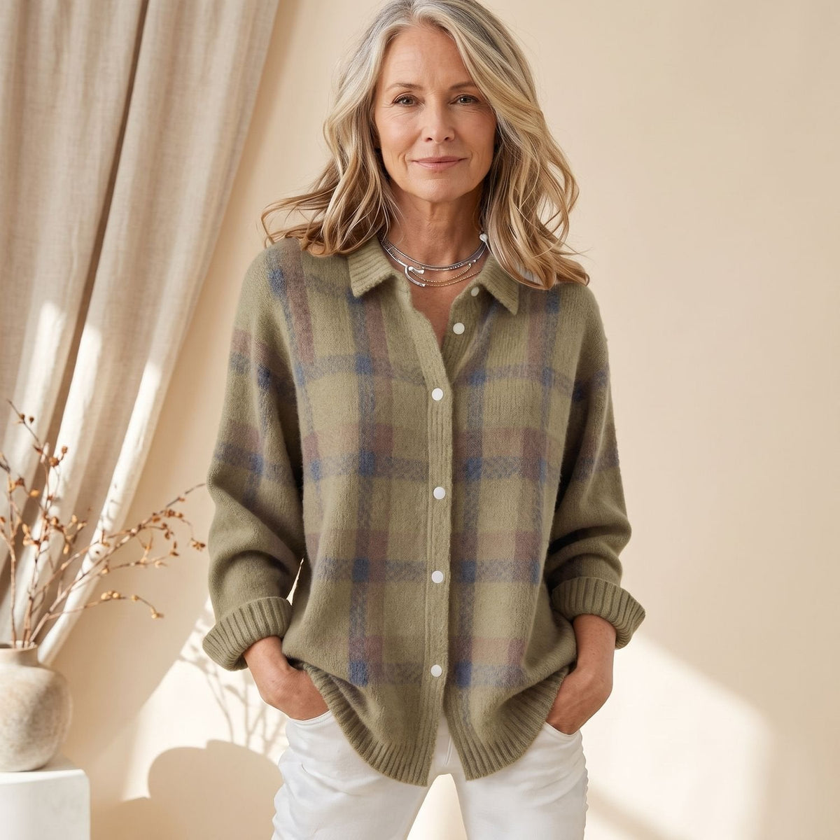 Madison | Women's Plaid Button-Down Knit Cardigan Sweater, Olive Green