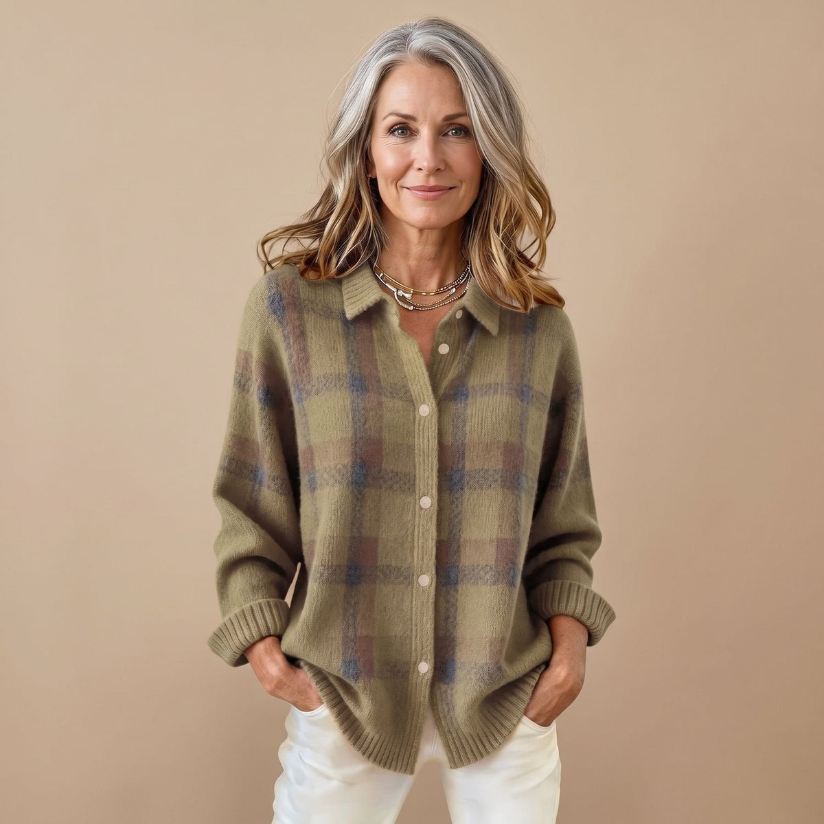 Scarlett | Women's Plaid Knit Button-Front Long Sleeve Sweater Shirt