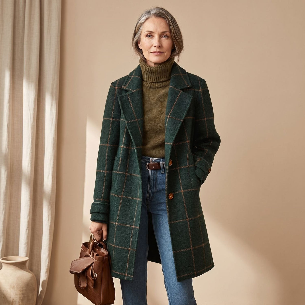 Aria | Women's Plaid Long Wool Coat Oversized Lapel Outerwear