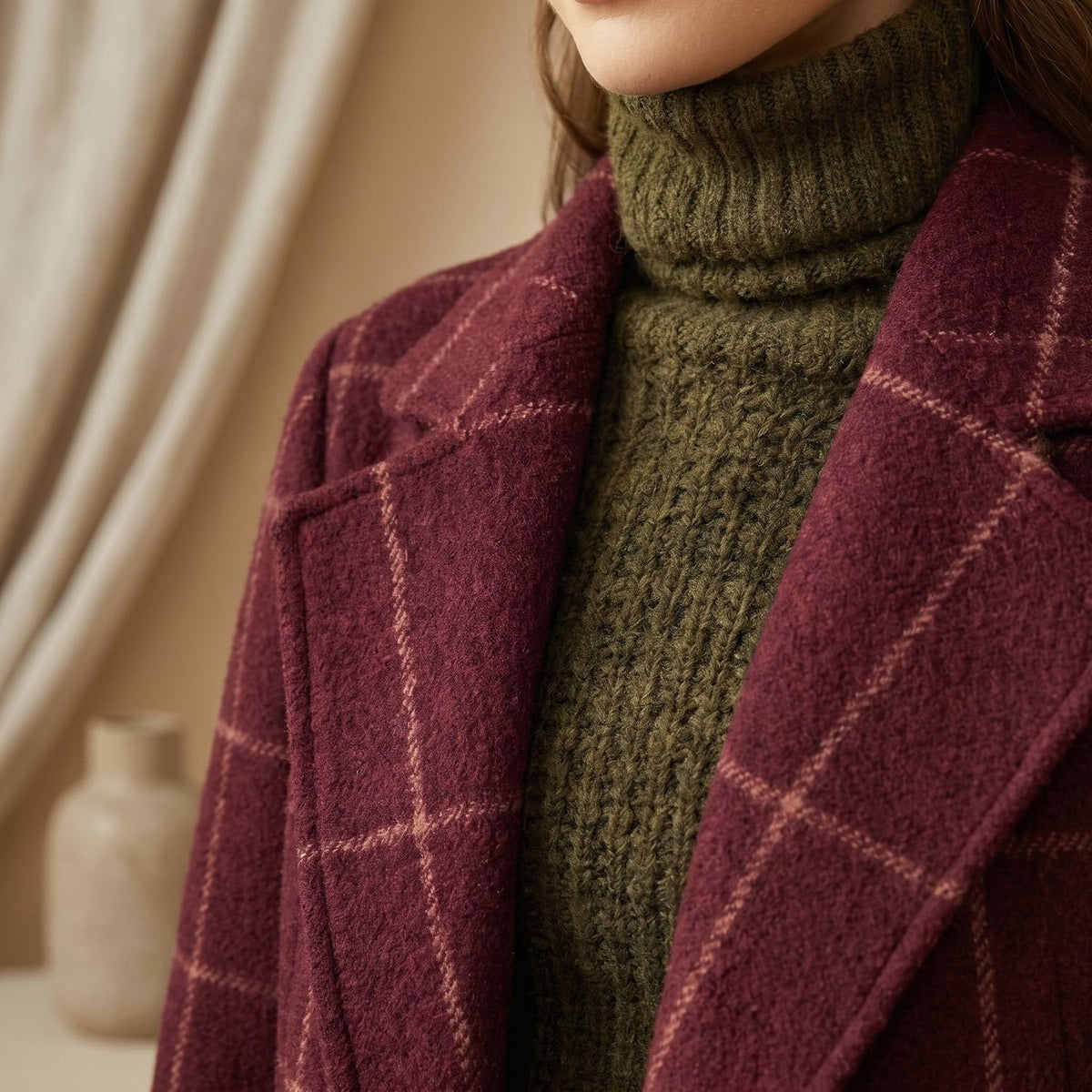 Aria | Women's Plaid Long Wool Coat Oversized Lapel Outerwear