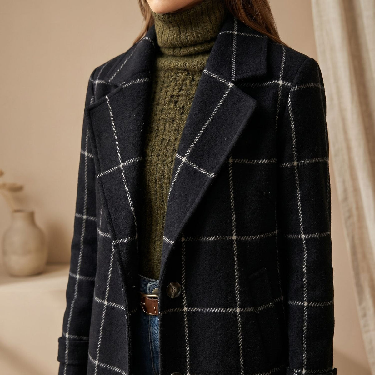 Aria | Women's Plaid Long Wool Coat Oversized Lapel Outerwear