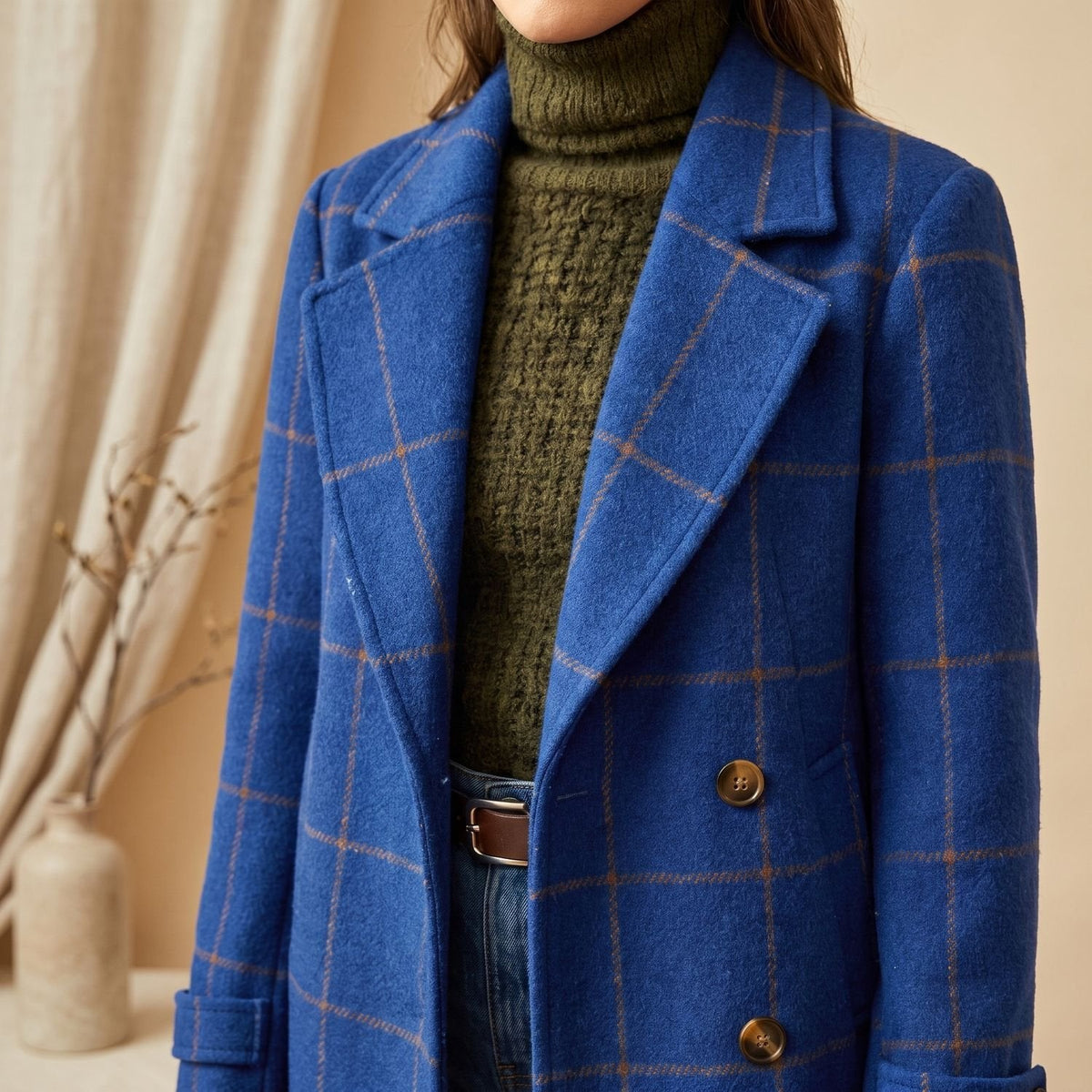 Aria | Women's Plaid Long Wool Coat Oversized Lapel Outerwear