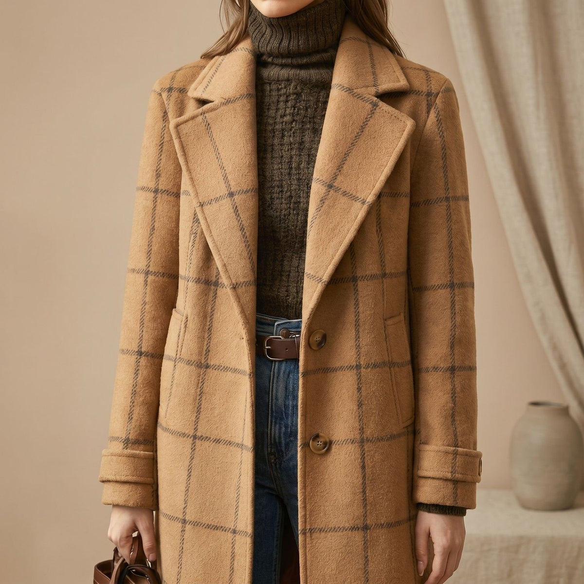 Aria | Women's Plaid Long Wool Coat Oversized Lapel Outerwear