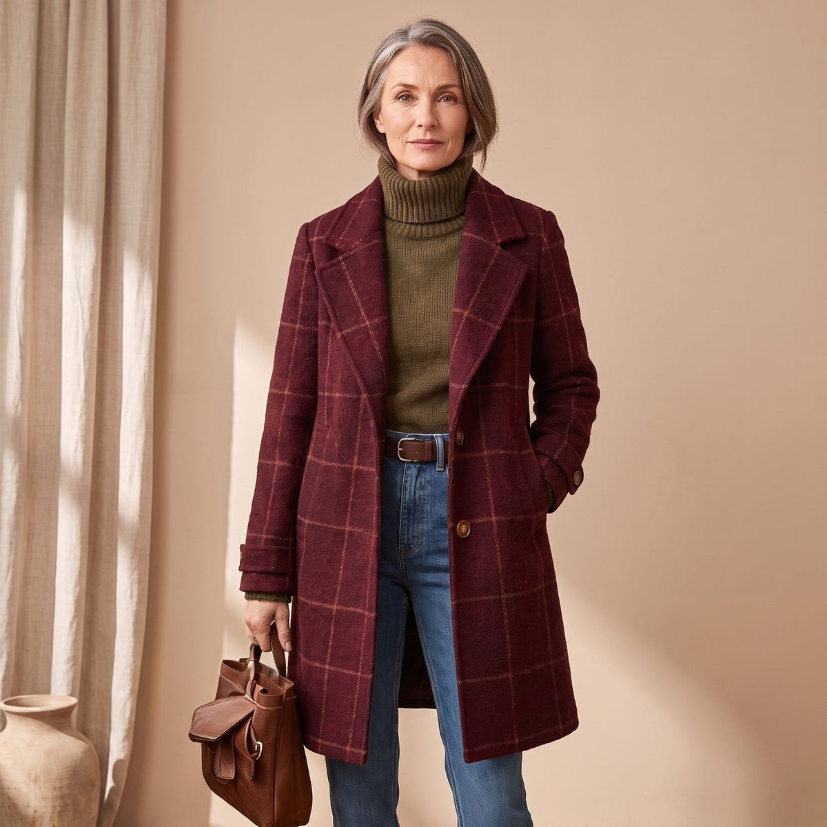 Aria | Women's Plaid Long Wool Coat Oversized Lapel Outerwear