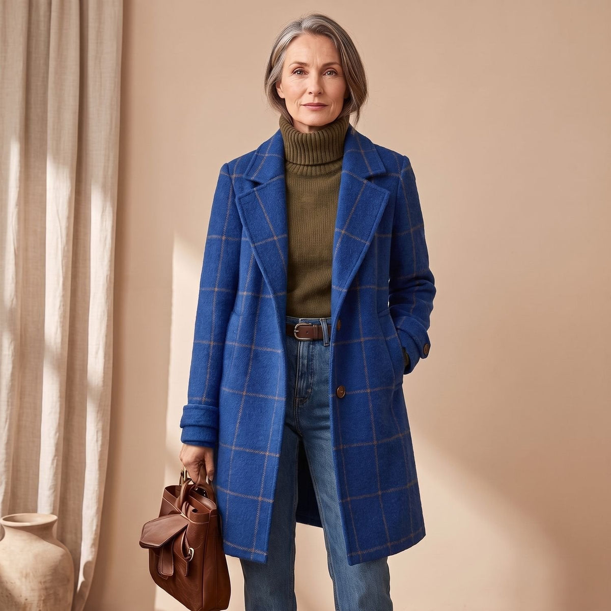 Aria | Women's Plaid Long Wool Coat Oversized Lapel Outerwear