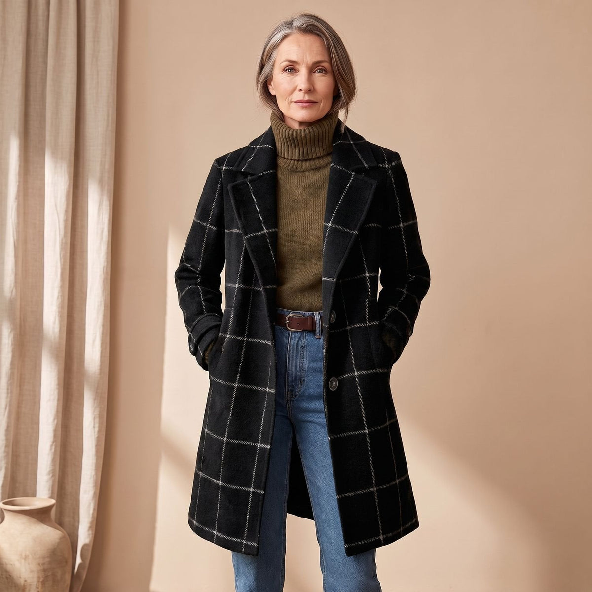 Aria | Women's Plaid Long Wool Coat Oversized Lapel Outerwear
