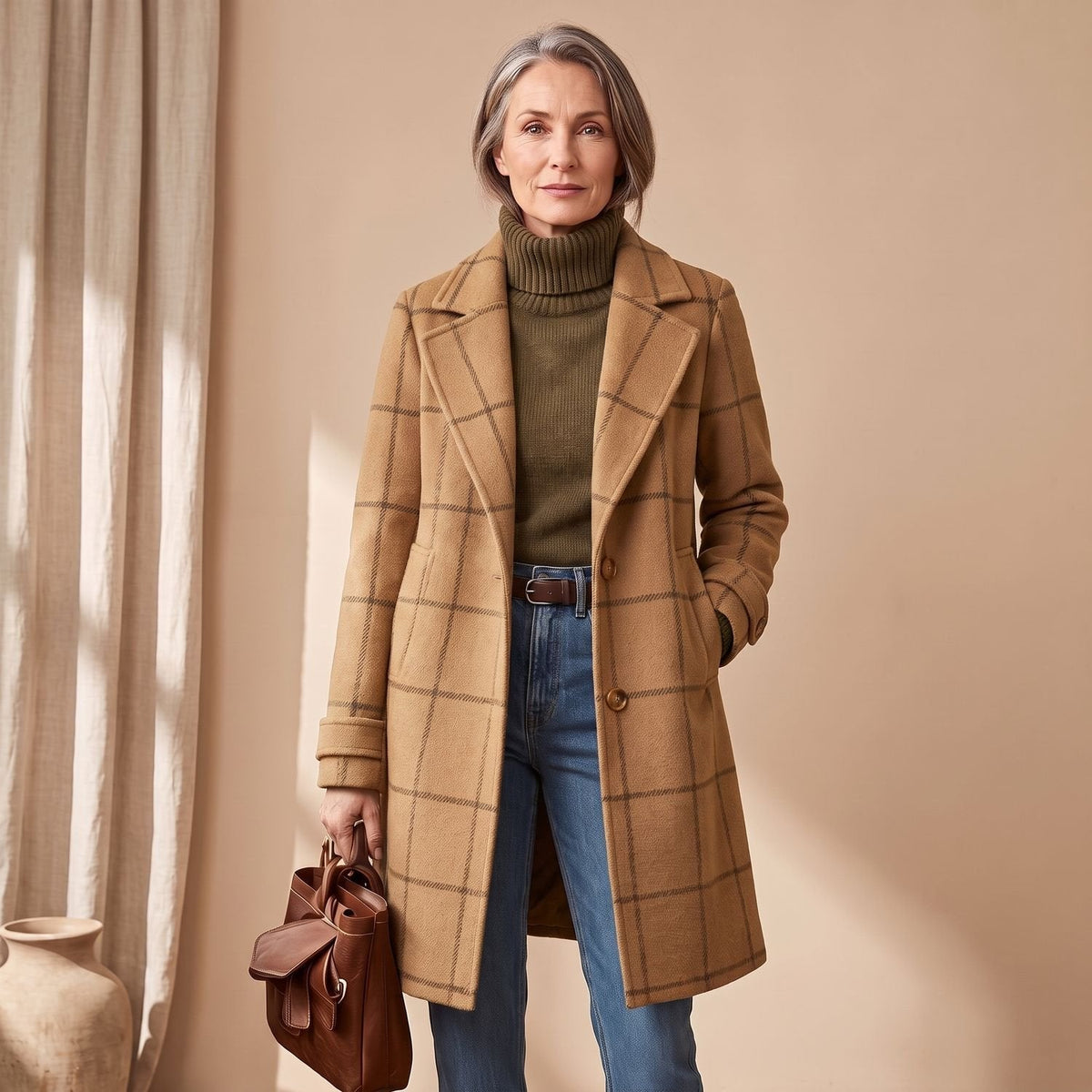 Aria | Women's Plaid Long Wool Coat Oversized Lapel Outerwear