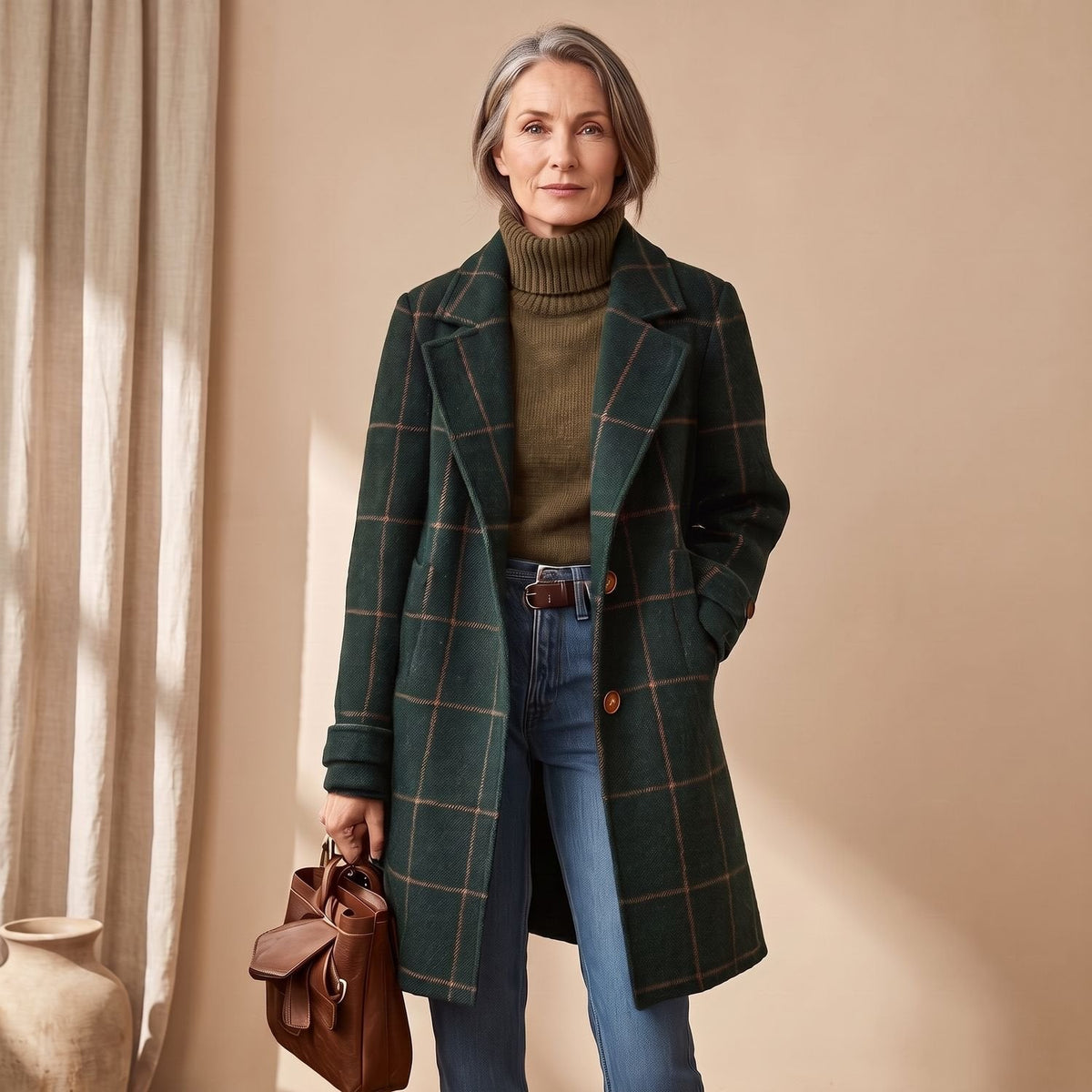 Aria | Women's Plaid Long Wool Coat Oversized Lapel Outerwear