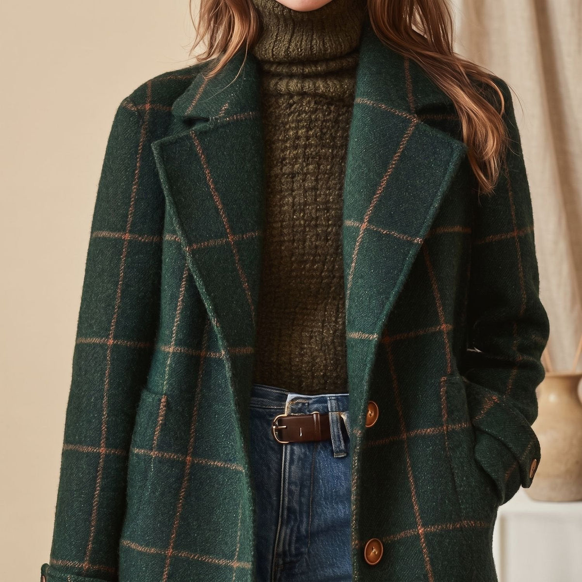 Aria | Women's Plaid Long Wool Coat Oversized Lapel Outerwear