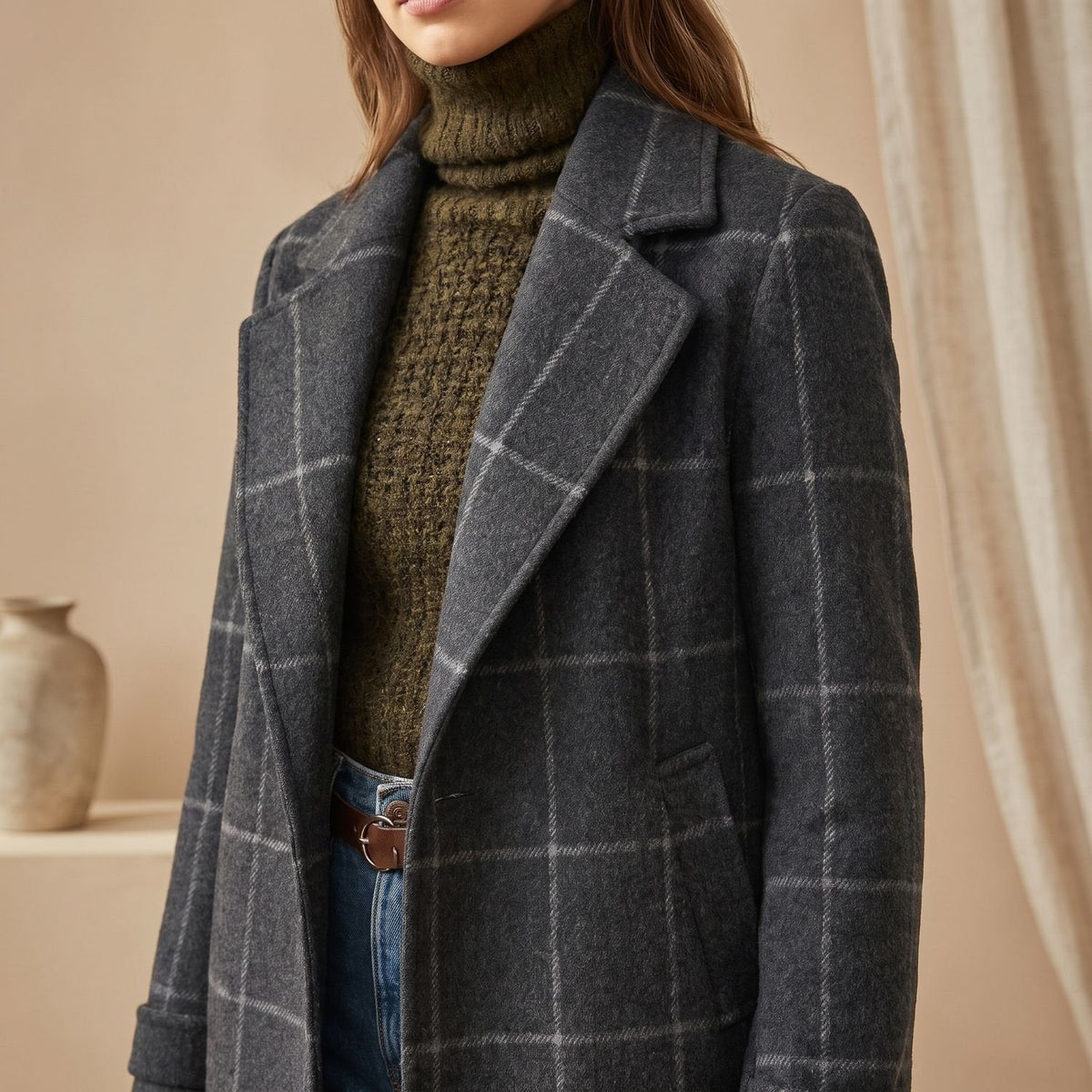 Aria | Women's Plaid Long Wool Coat Oversized Lapel Outerwear