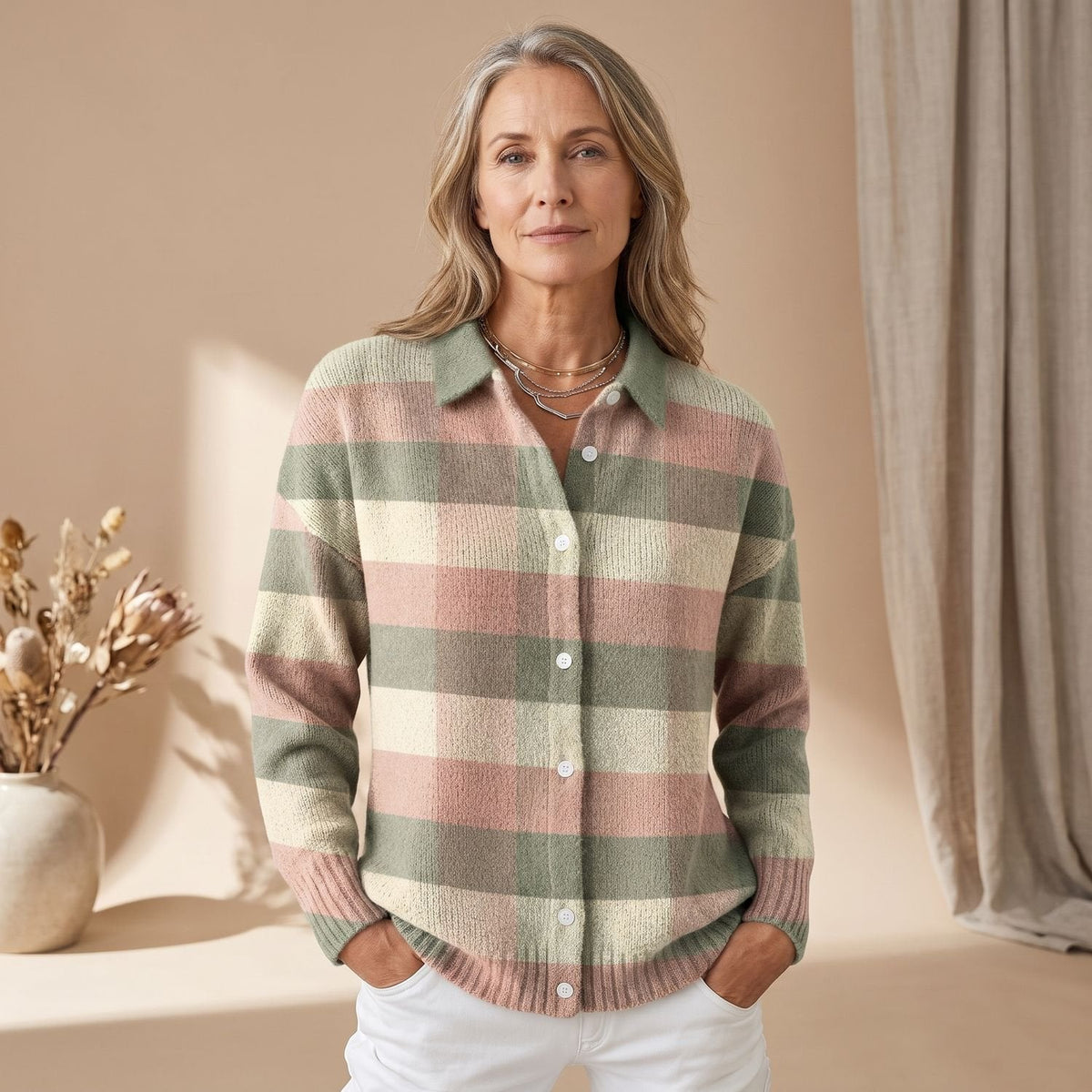 Grace | Women's Plaid Shacket Long-Sleeve Button-Down Knit Cardigan